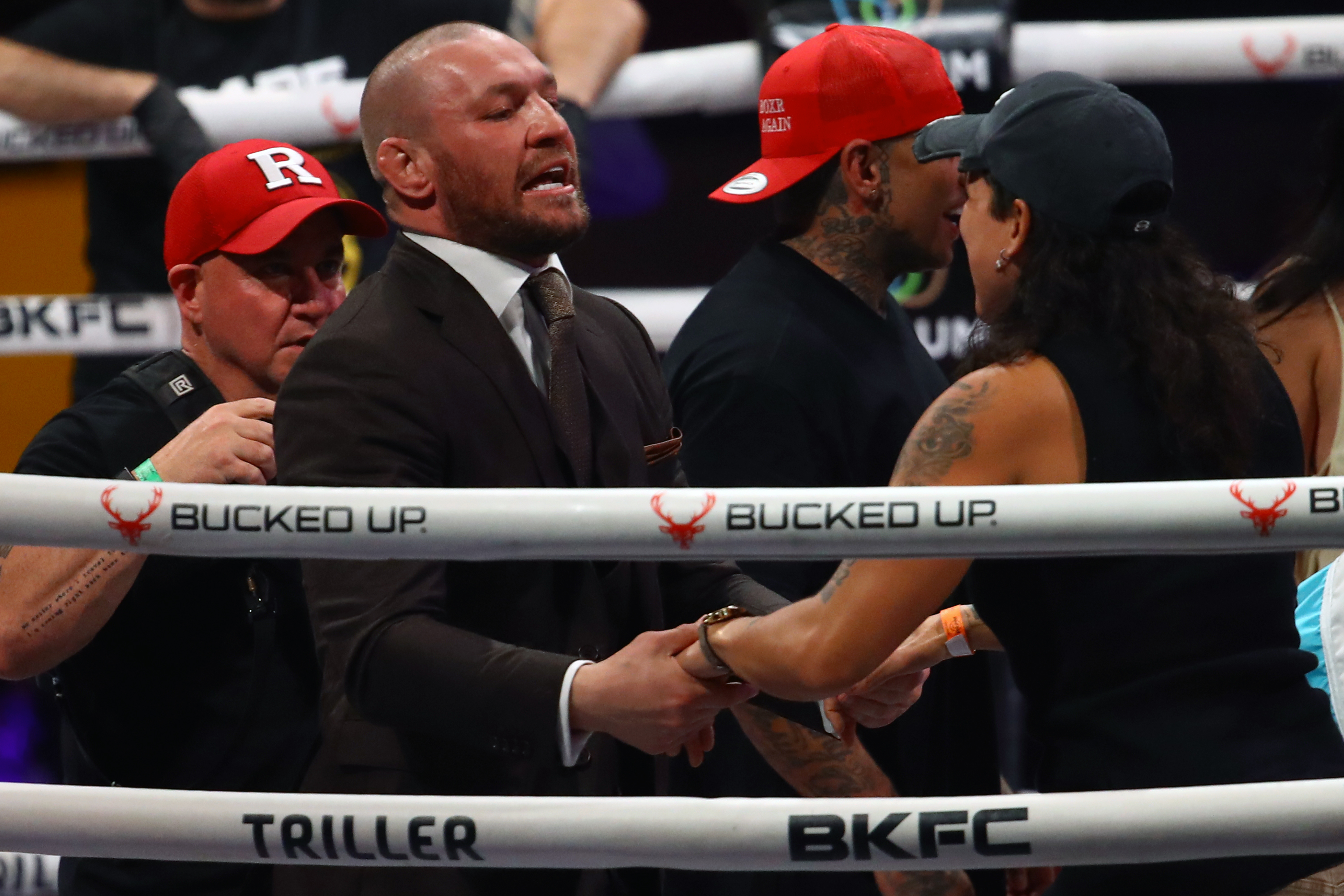 MIAMI, FLORIDA - MARCH 27: Conor McGregor meets Amanda Nunes after the fight between Luis Palomino and Howard Davis during the BKFC 70 Hollywood at Hard Rock Live in Seminole Hard Rock Hotel & Casino on March 27, 2025 in Hollywood, Florida. (Photo by Leonardo Fernandez/Getty Images)