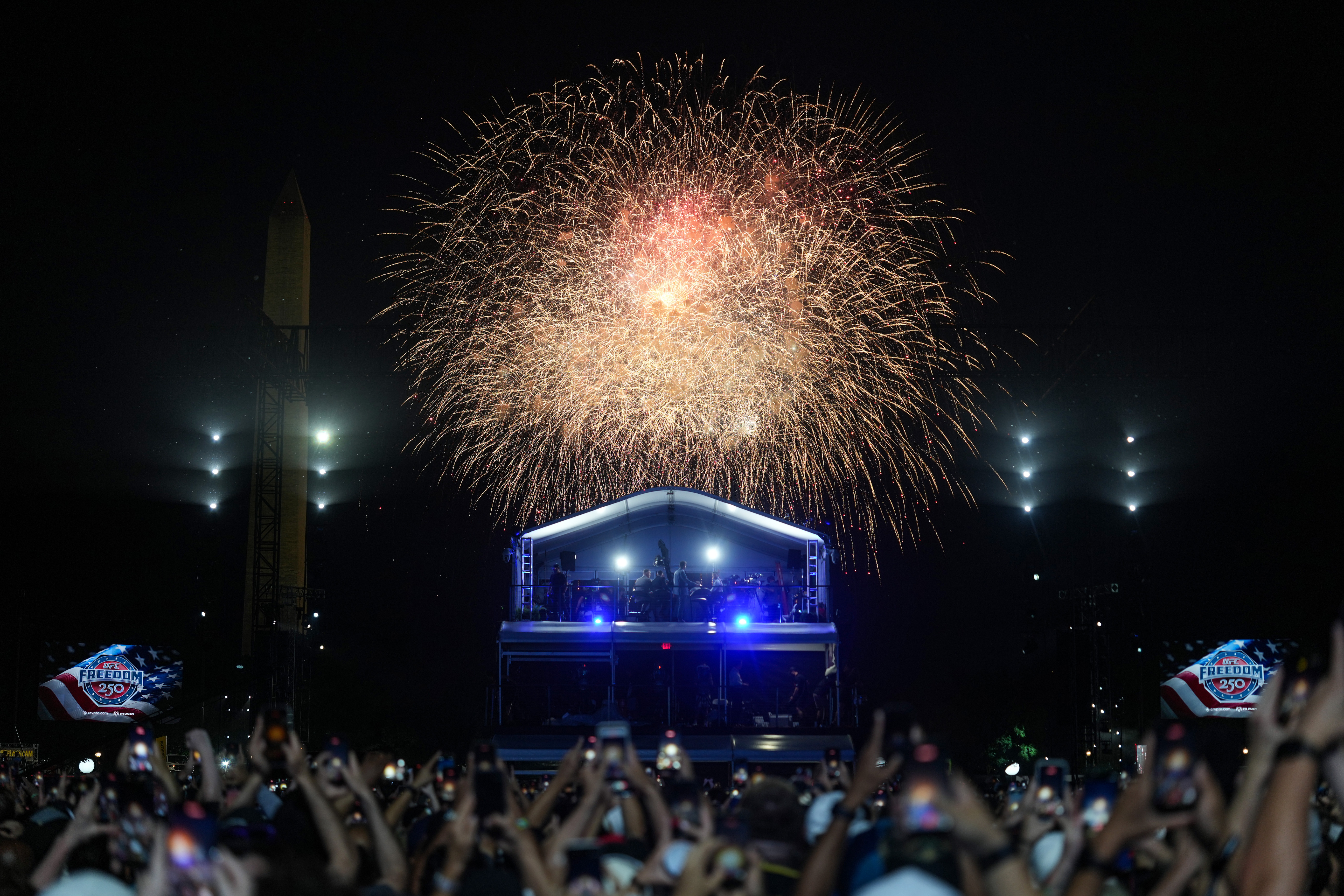 WASHINGTON, DC - JUNE 13: Fireworks explode in the air above the UFC Freedom 250 Fan Fest on The Ellipse ahead of the upcoming UFC Freedom 250 fight on the South Lawn of the White House on June 13, 2026 in Washington, DC. President Trump is hosting a series of Ultimate Fighting Championship matches on his 80th birthday on June 14, which the White House is calling "a once-in-a-generation celebration of the American fighting spirit." (Photo by Al Drago/Getty Images)