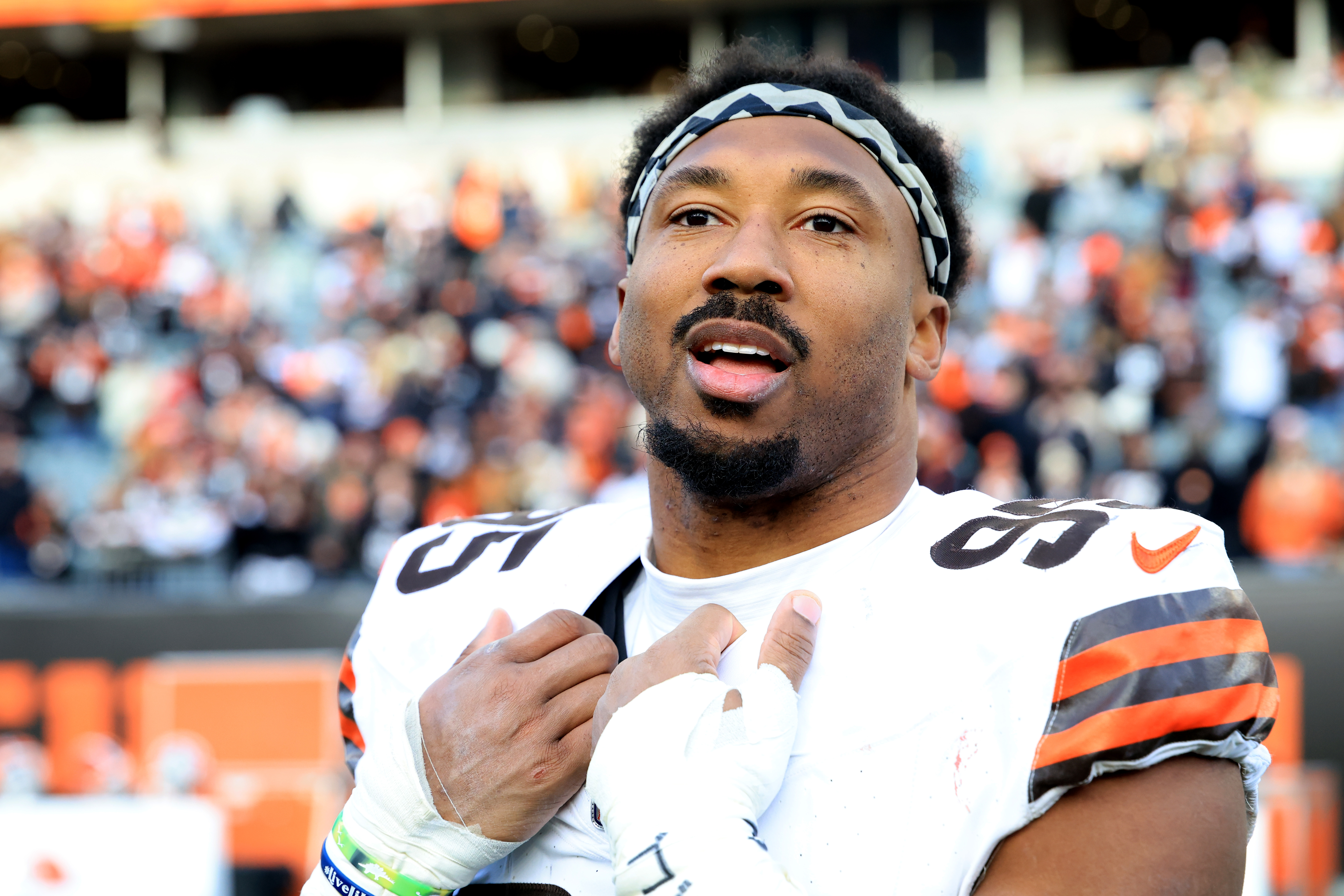 Myles Garrett is moving from the Browns to the Rams in one of the biggest trades in NFL history. (Photo by Justin Casterline/Getty Images)