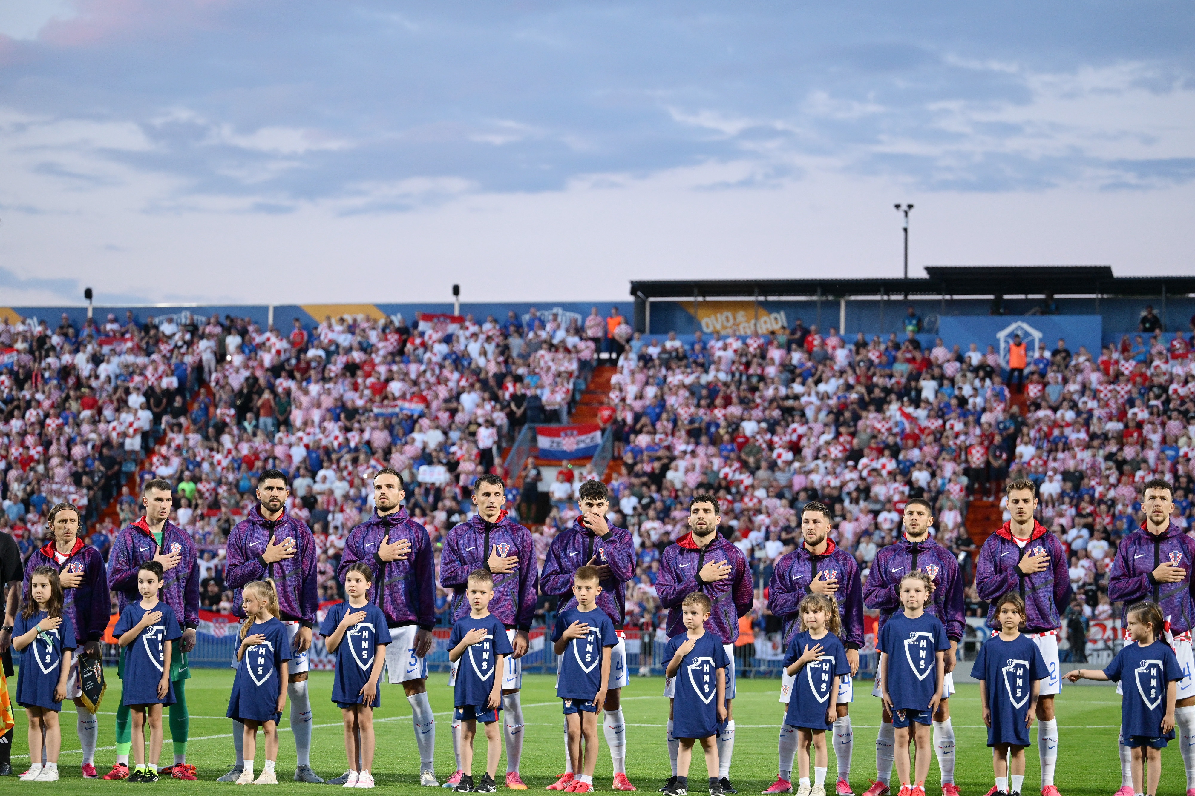VARAZDIN, CROATIA - JUNE 7: Players of Croatia line up for national anthems prior to the international friendly match between Croatia and Slovenia at Stadium Varteks on June 7, 2026 in Varazdin, Croatia. (Photo by Igor Soban/Pixsell/MB Media/Getty Images)