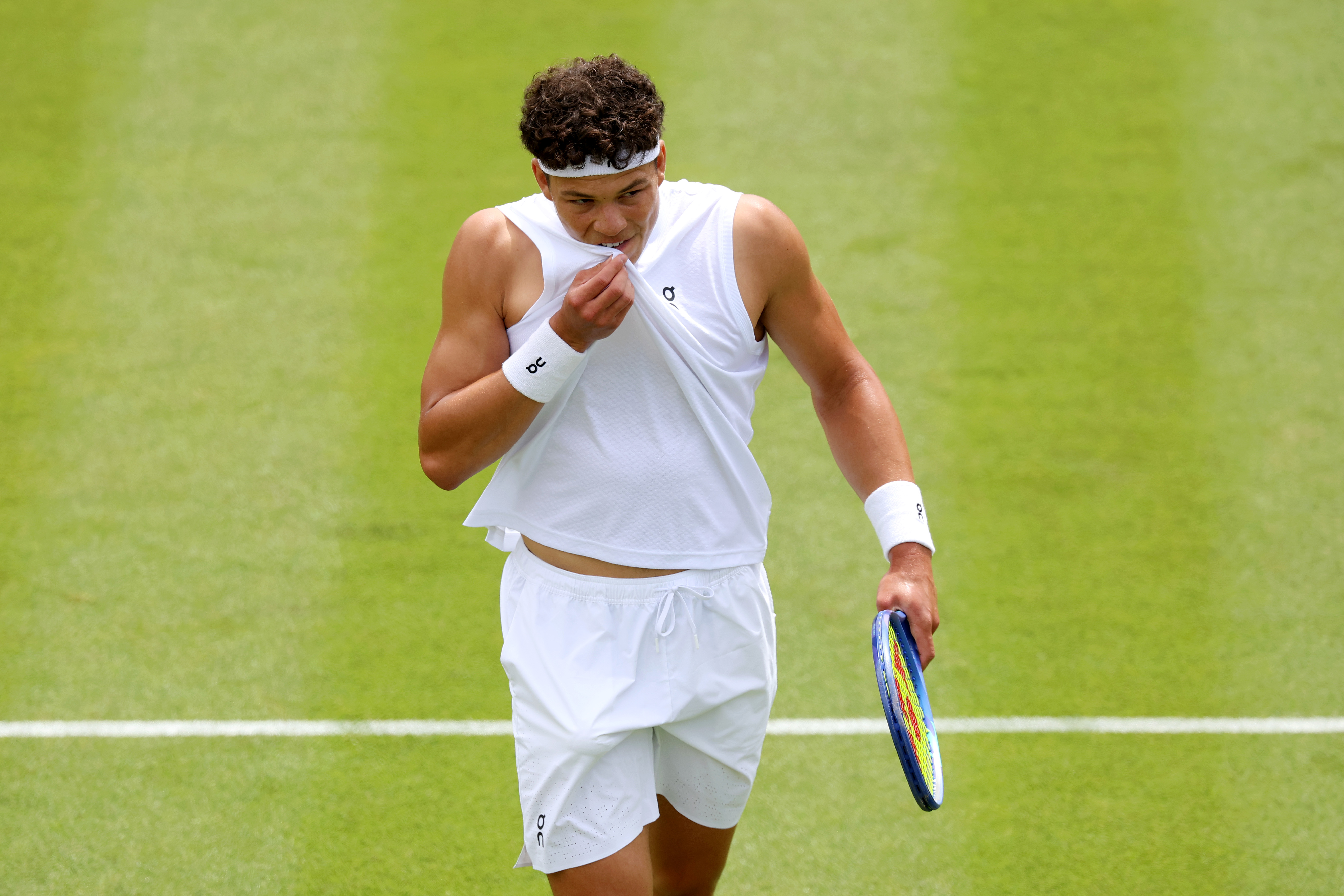 LONDON, ENGLAND - JUNE 30: Ben Shelton of United States reacts against Otto Virtanen of Finland during their Gentlemen's Singles first round match on day two of The Championships Wimbledon 2026 at All England Lawn Tennis and Croquet Club on June 30, 2026 in London, England. (Photo by Matthew Stockman/Getty Images)