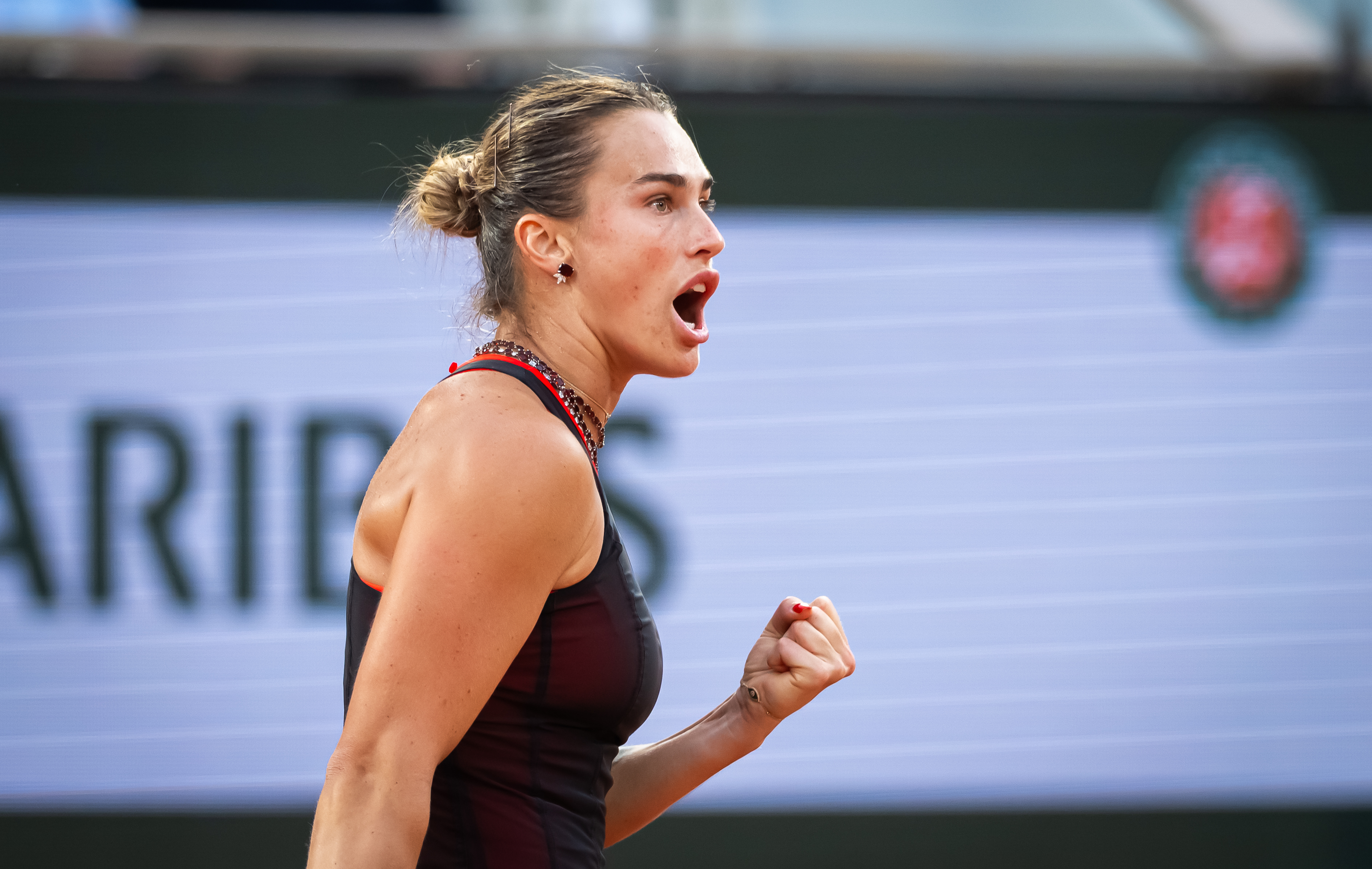 PARIS, FRANCE - JUNE 01: Aryna Sabalenka in action against Naomi Osaka of Japan in the fourth round on Day Nine of the 2026 French Open at Roland Garros on June 01, 2026 in Paris, France (Photo by Robert Prange/Getty Images)