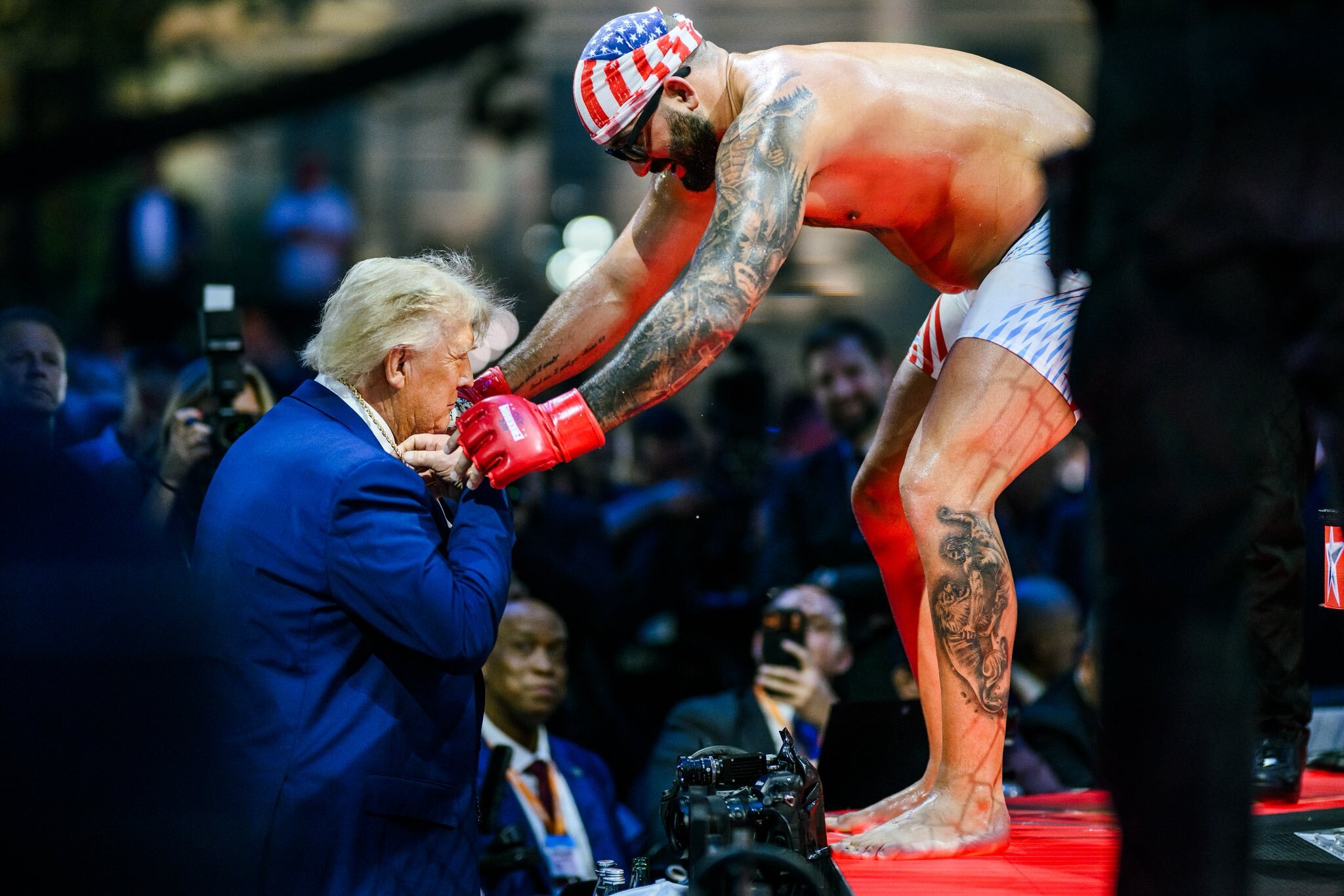 WASHINGTON, DC - JUNE 14: (----EDITORIAL USE ONLY - MANDATORY CREDIT - ' WHITE HOUSE VIA X / HANDOUT' - NO MARKETING NO ADVERTISING CAMPAIGNS - DISTRIBUTED AS A SERVICE TO CLIENTS----) (R-L) Josh Hokit speaks with U.S. President Donald J. Trump following his win in a heavyweight fight during the UFC Freedom 250 event on the South Lawn at the White House on June 14, 2026 in Washington, DC, United States. (Photo by White House / Handout/Anadolu via Getty Images)