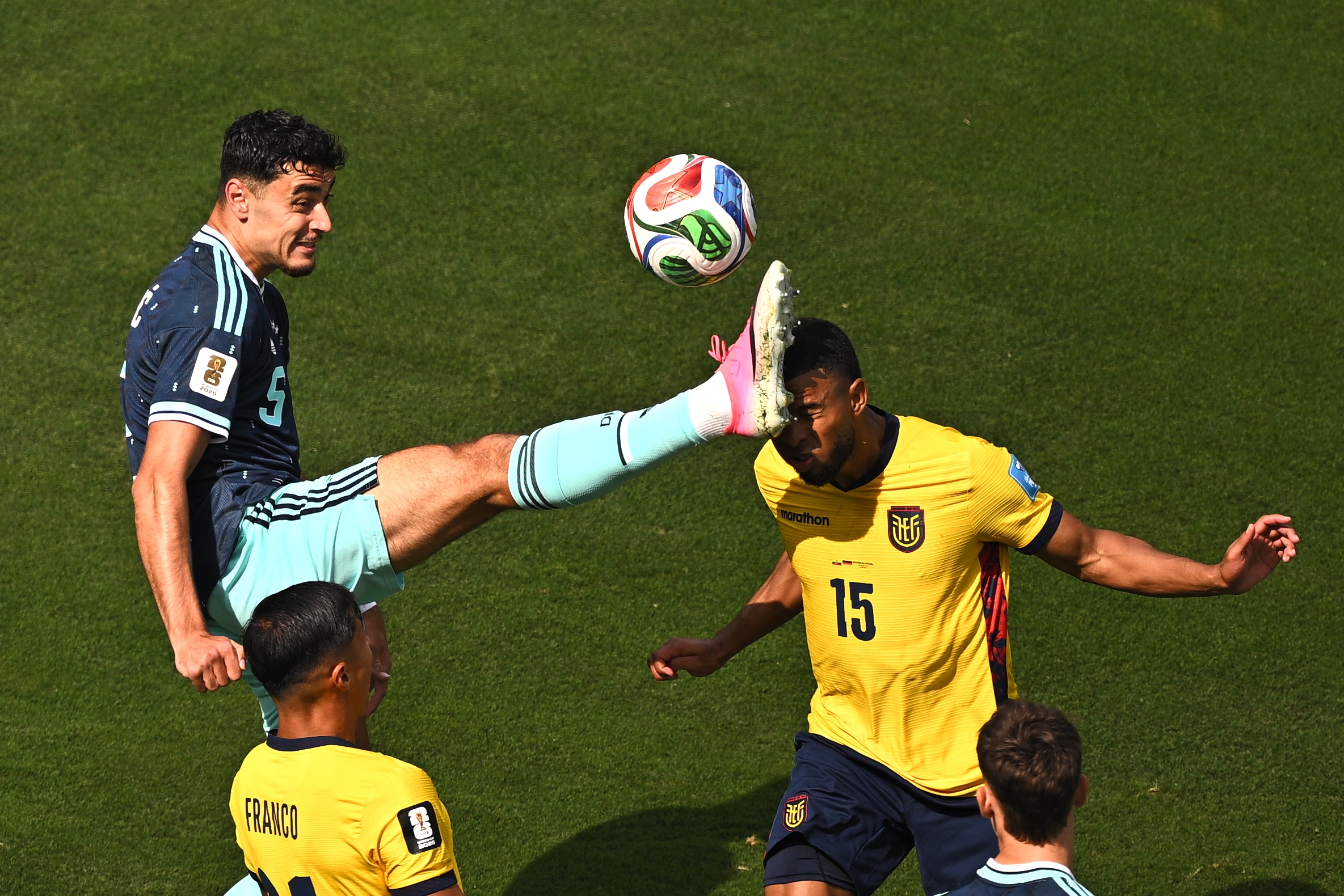 25 June 2026, USA, East Rutherford: Soccer, Men, 2026 World Cup, Ecuador vs. Germany, Group Stage, Group E, Matchday 3, New YorkNew Jersey Stadium, Aleksandar Pavlovic (left, Germany) and Pedro Vite (Ecuador) battle for the ball.PLEASE NOTE: In accordance with FIFA regulations, these images may be used exclusively for editorial purposes. Commercial use is prohibited. Furthermore, no video-like sequences may be created, and no alterations may be made to the image, either in the foreground or the background. Photo: Tom Weller/dpa (Photo by Tom Weller/picture alliance via Getty Images)