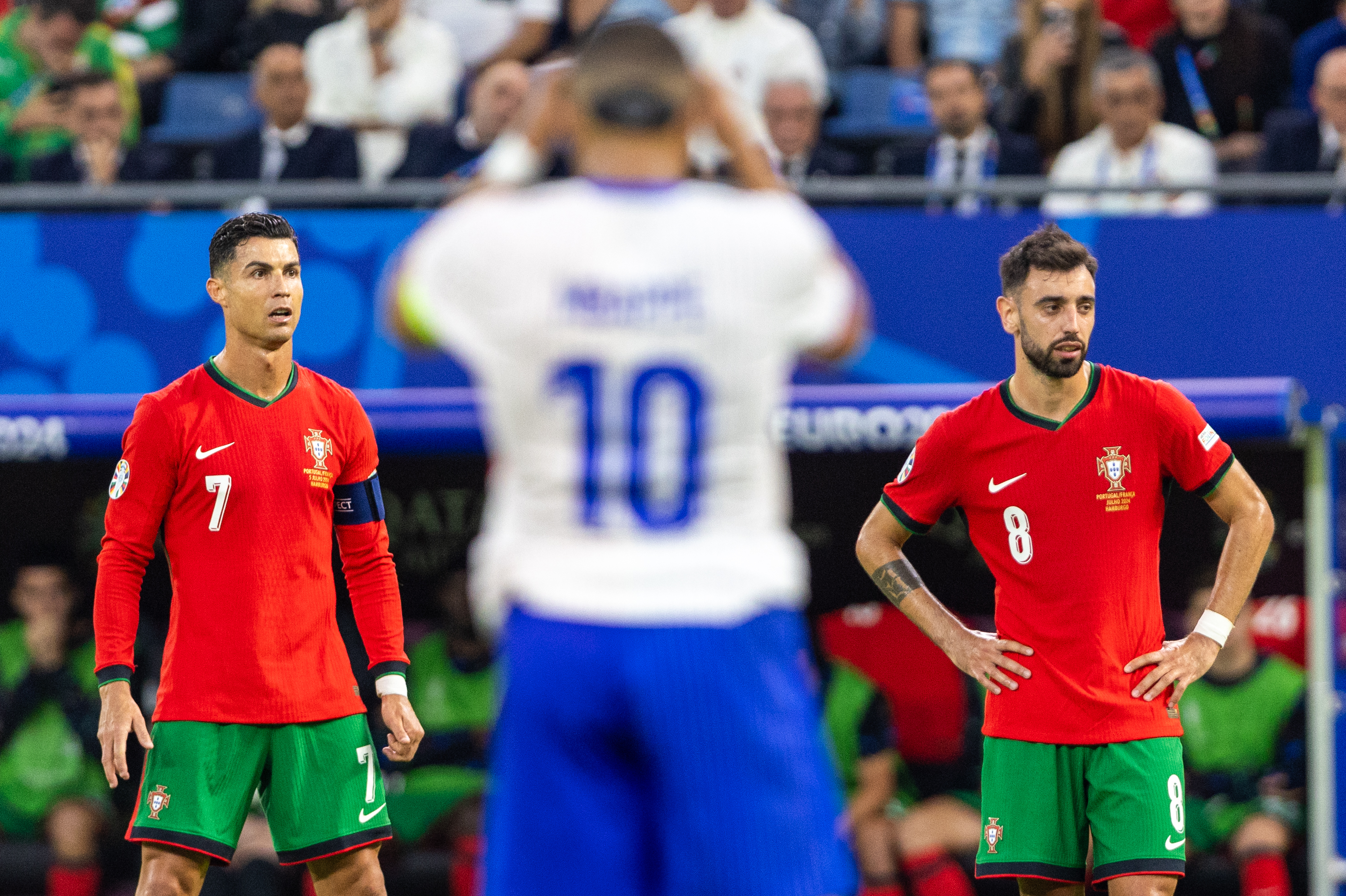 Cristiano Ronaldo, Bruno Fernandes are playing  during the UEFA Euro 2024  Quarter-Final  match between Portugal v France, at the stadium in Hamburg, Germany, on July 5, 2024. (Photo by Andrzej Iwanczuk/NurPhoto via Getty Images)