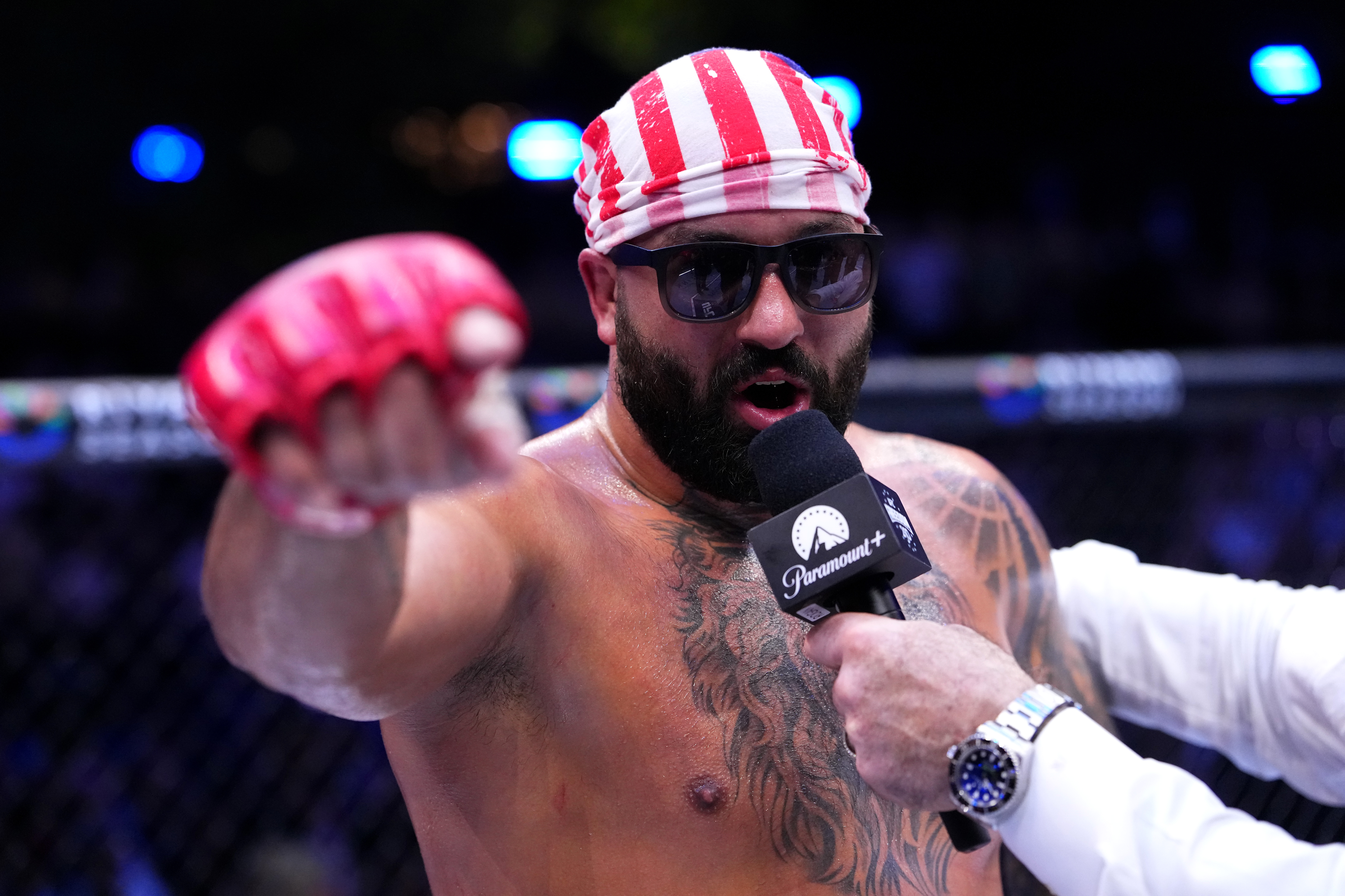 WASHINGTON, DC - JUNE 14: Josh Hokit speaks to Joe Rogan following his win in a heavyweight fight during the UFC Freedom 250 event on the South Lawn at the White House on June 14, 2026 in Washington, DC. (Photo by Jeff Bottari/Zuffa LLC)