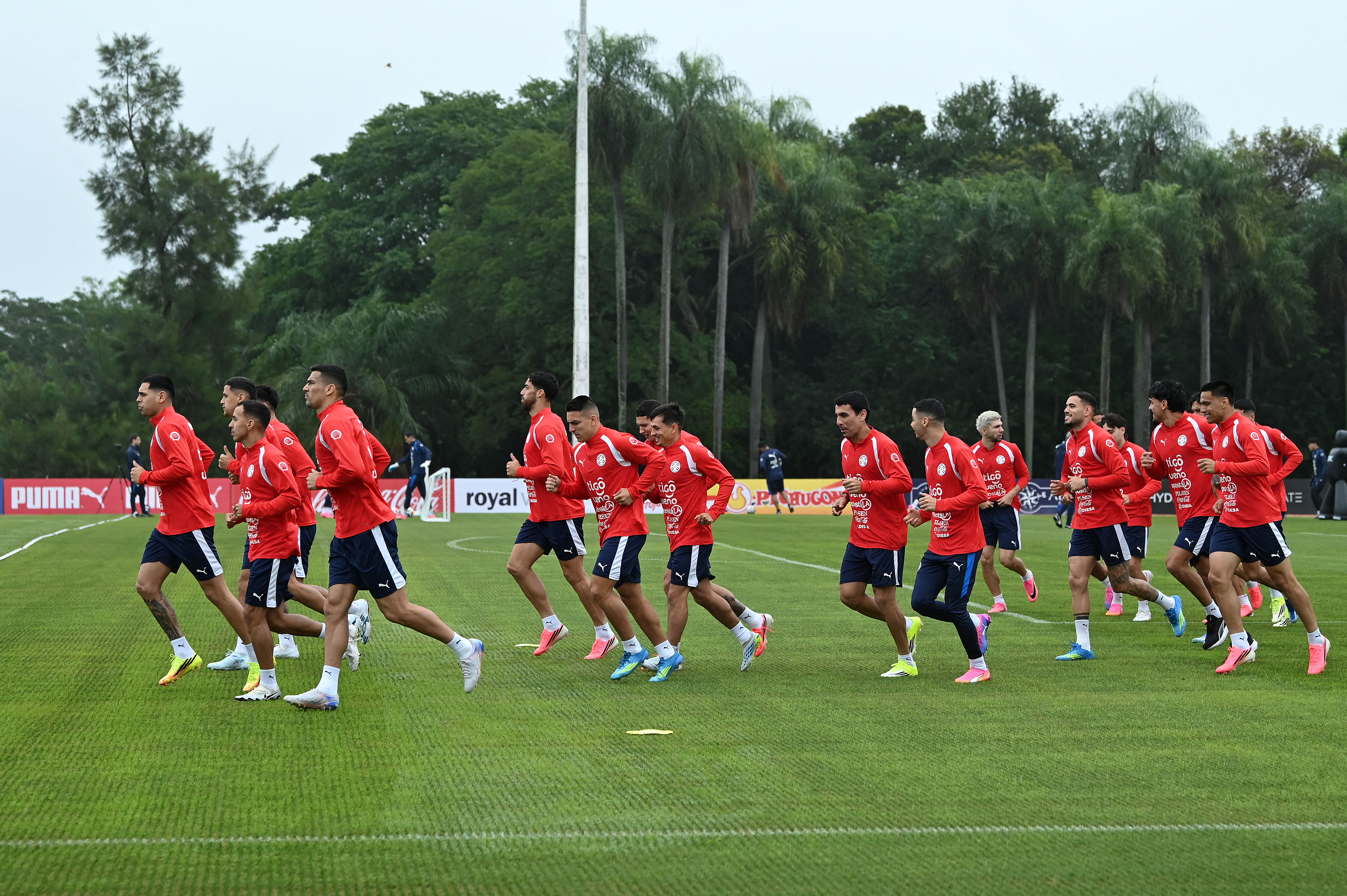 Paraguay's players jog during a training session at the High-Performance Center (CARDE) ahead of the friendly farewell match against Nicaragua with a view to the 2026 FIFA World Cup, in Ypane, Paraguay on May 30, 2026. (Photo by DANIEL DUARTE / AFP via Getty Images)