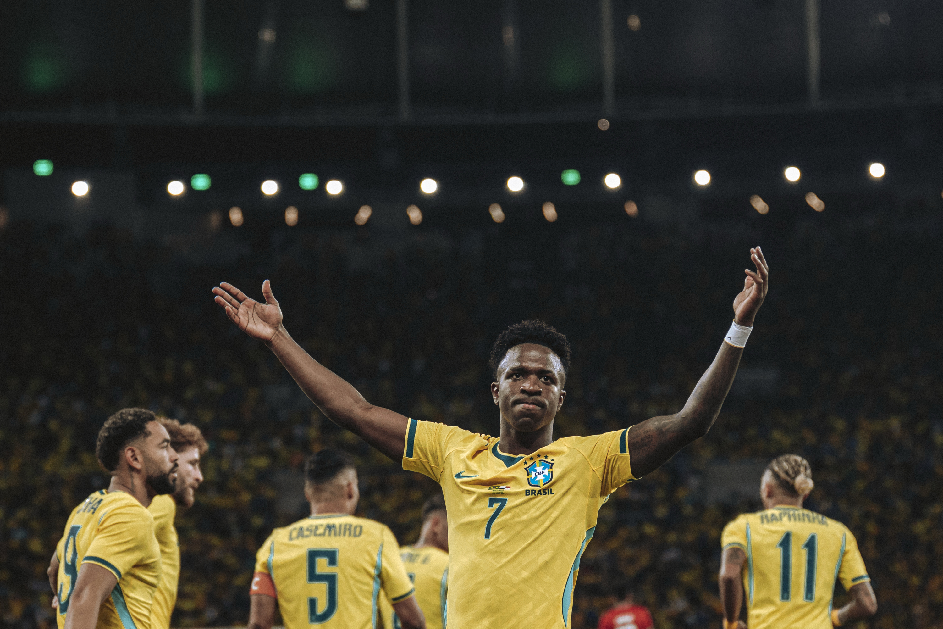 RIO DE JANEIRO, BRAZIL - MAY 31: Vinicius Junior of Brazil celebrates after scoring the team's first goal during the international friendly match between Brazil and Panama at Maracana Stadium on May 31, 2026 in Rio de Janeiro, Brazil. (Photo by Yuri Laurindo/Sports Press Photo/Getty Images)