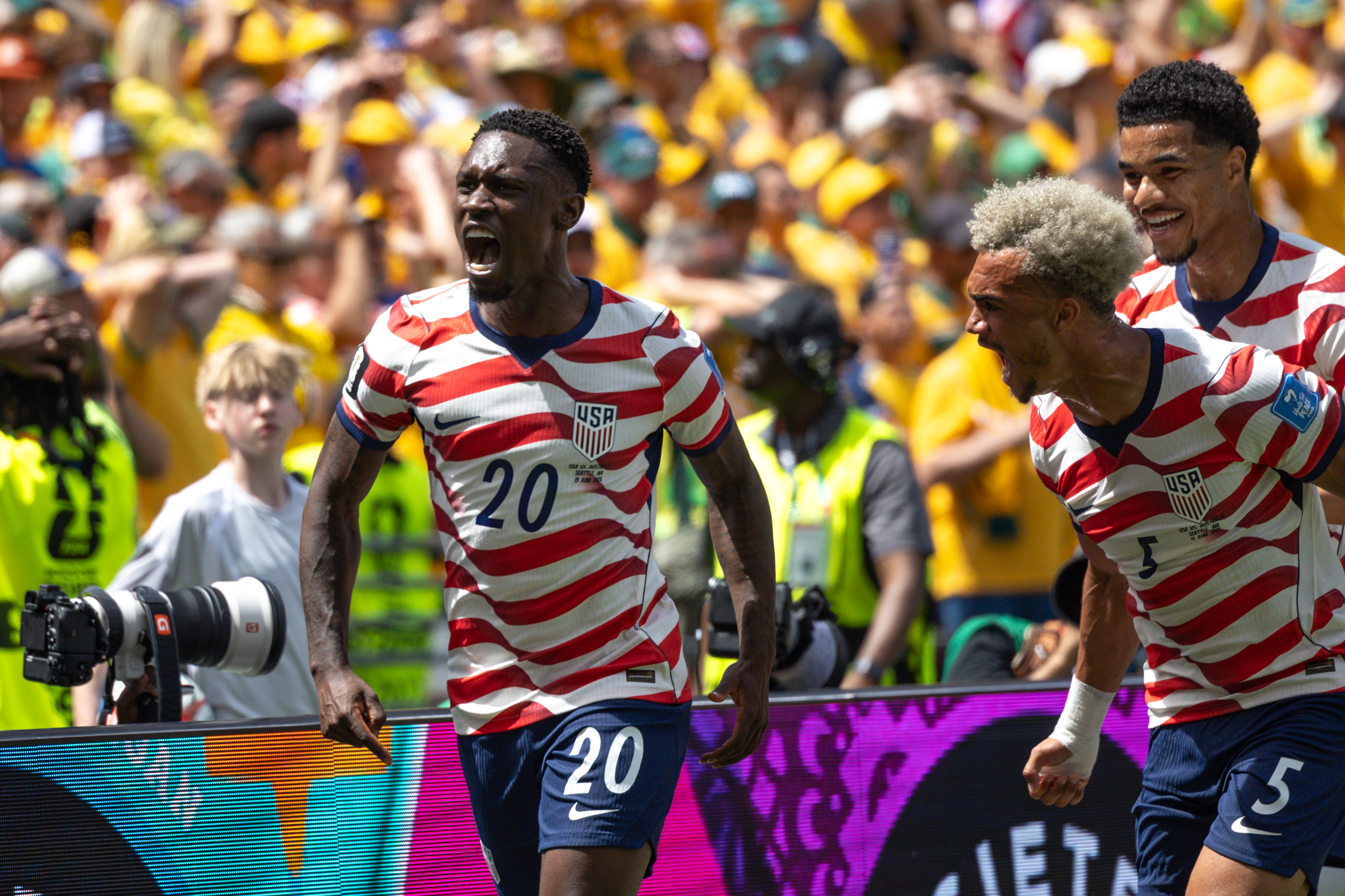 SEATTLE, WASHINGTON - JUNE 19: Folarin Balogun #20 of United States celebrates a goal during the FIFA World Cup 2026 Group D match between USA and Australia at Seattle Stadium on June 19, 2026 in Seattle, Washington. (Photo by Al Sermeno/ISI Photos/ISI Photos via Getty Images)