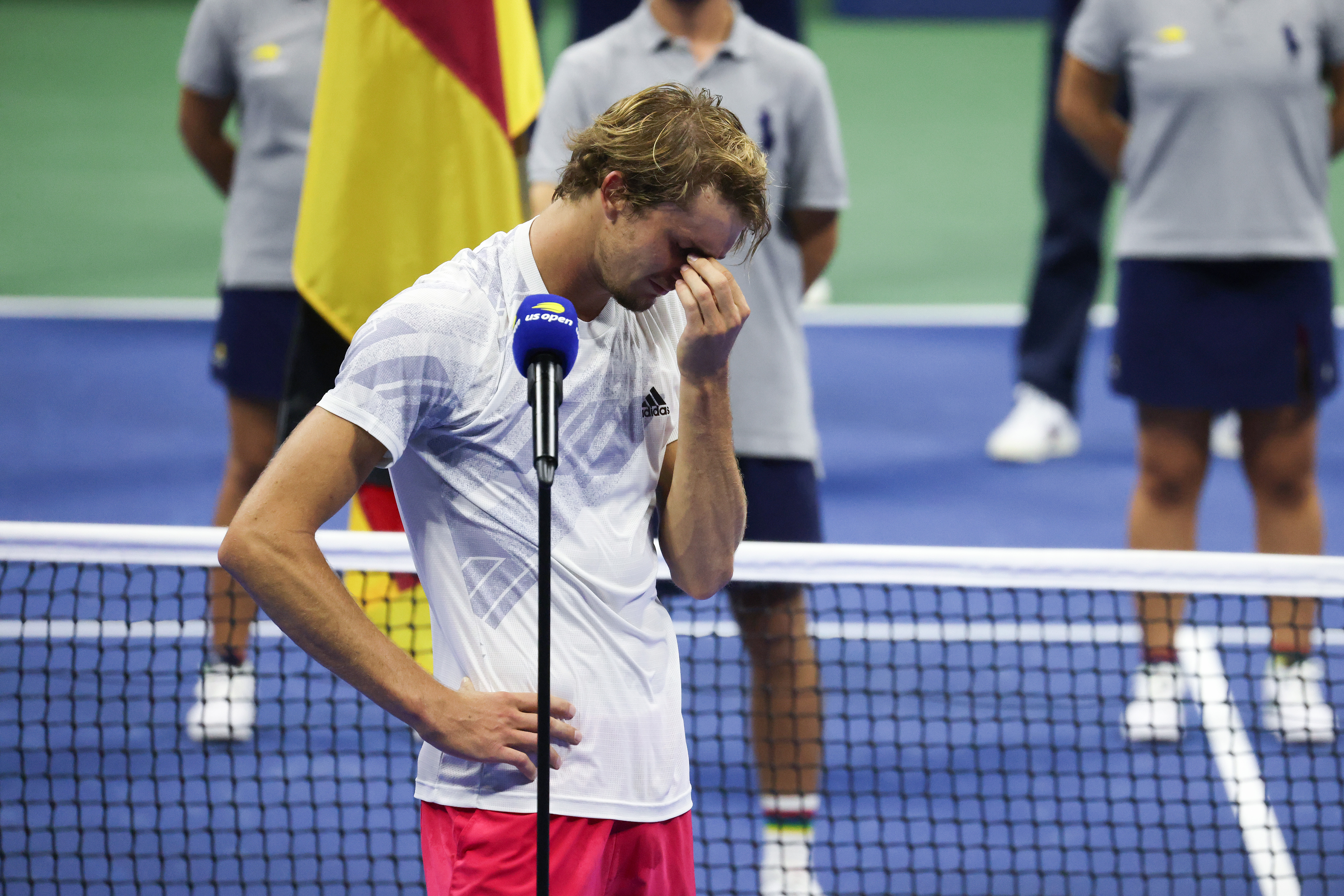 NEW YORK, NEW YORK - SEPTEMBER 13: Alexander Zverev of Germany reacts during the trophy presentation after losing his Men's Singles final match against and Dominic Thiem of Austria on Day Fourteen of the 2020 US Open at the USTA Billie Jean King National Tennis Center on September 13, 2020 in the Queens borough of New York City. (Photo by Al Bello/Getty Images)