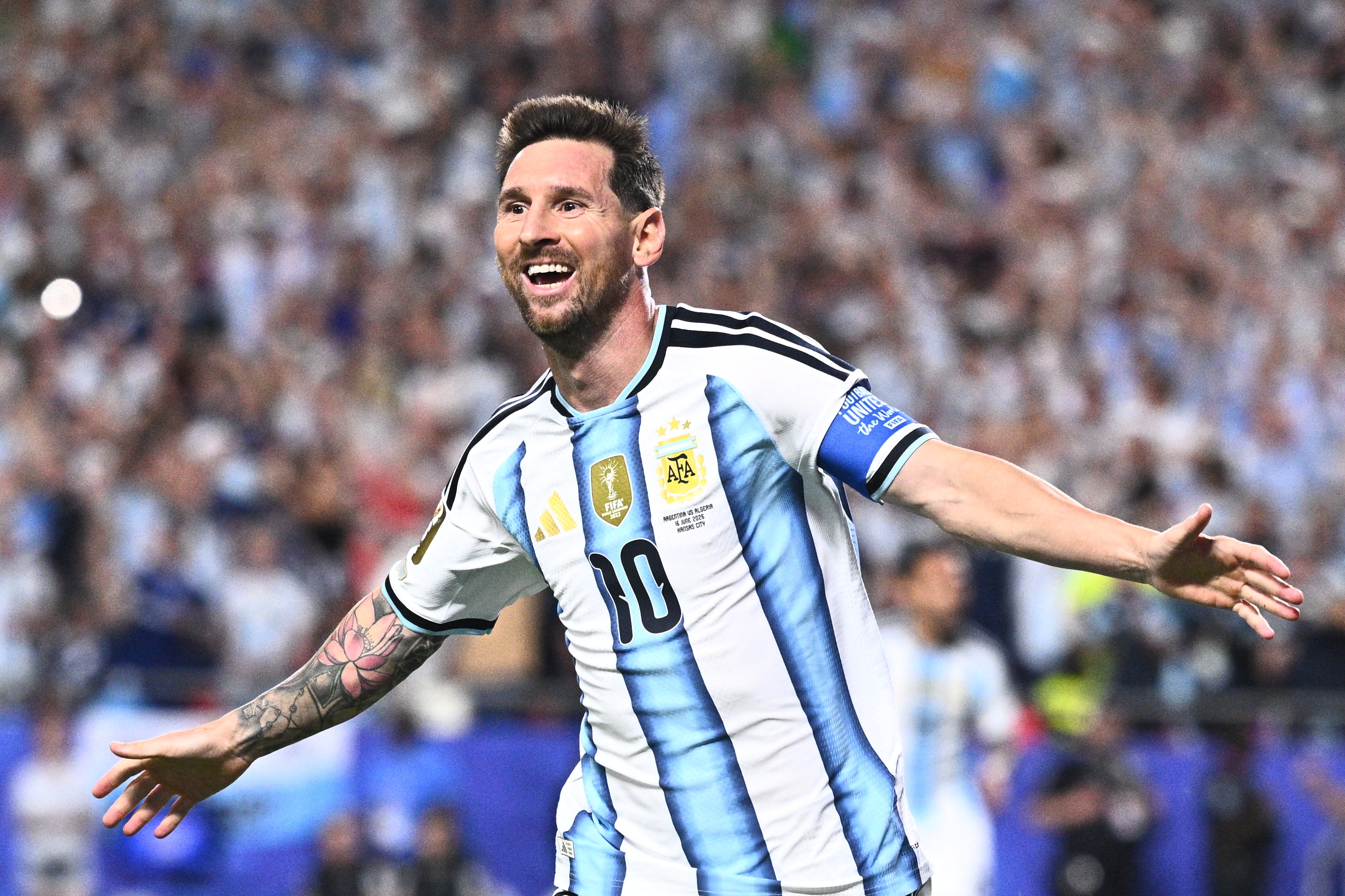 17 June 2026, USA, Kansas City: Soccer, Men, 2026 World Cup, Argentina vs. Algeria, Group Stage, Group J, Matchday 1, Kansas City Stadium, Lionel Messi (Argentina) celebrates his second goal, making the score 2-0. PLEASE NOTE: In accordance with FIFA regulations, these images may be used exclusively for editorial purposes. Commercial use is prohibited. Furthermore, no video-like sequences may be created, and no alterations may be made to the image, either in the foreground or the background. Photo: Tom Weller/dpa (Photo by Tom Weller/picture alliance via Getty Images)