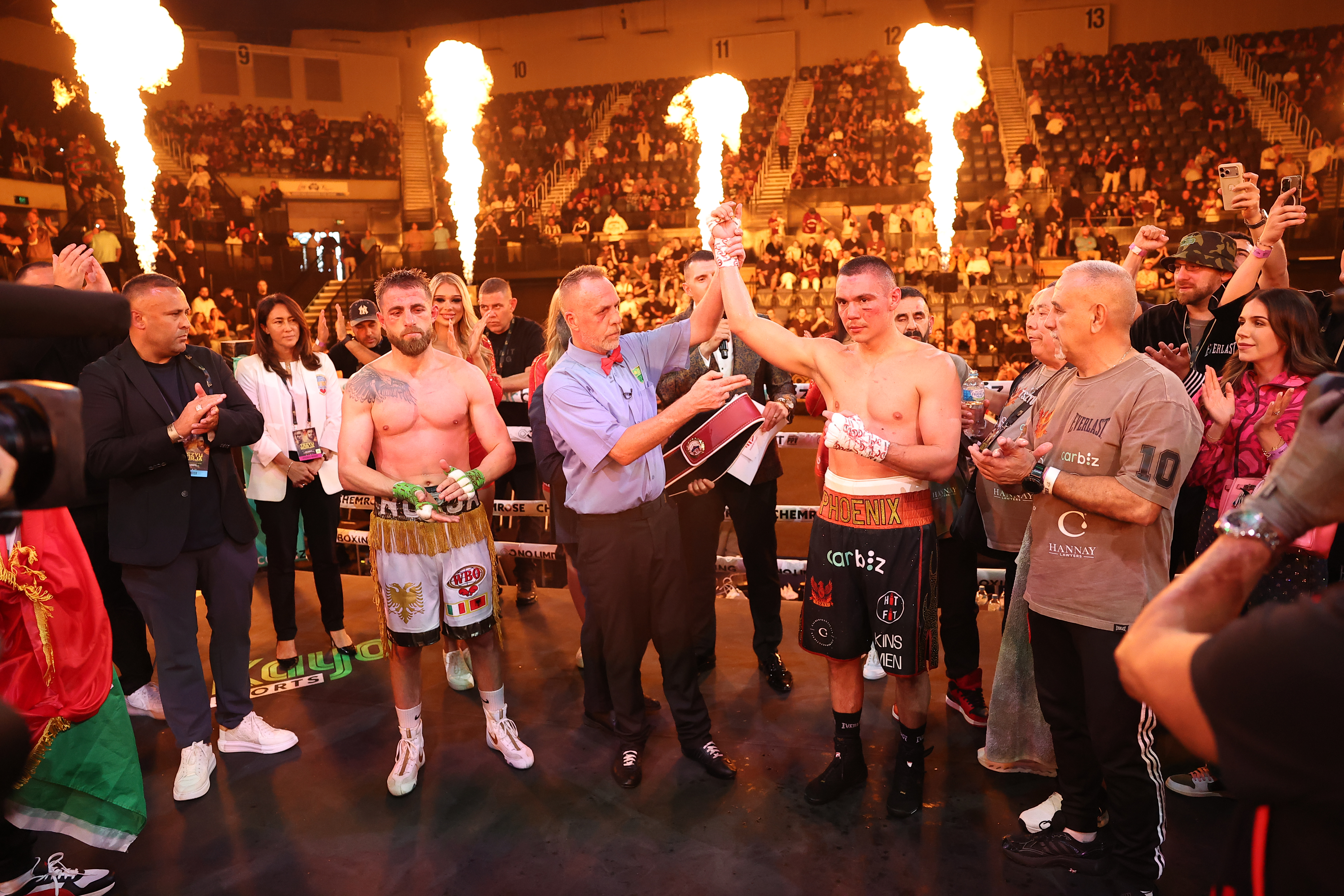 WOLLONGONG, AUSTRALIA - APRIL 05: Tim Tszyu celebrates after winning the WBO International Super Middleweight Title bout between Tim Tszyu and Denis Nurja at WIN Entertainment Centre on April 05, 2026 in Wollongong, Australia. (Photo by Jeremy Ng/Getty Images)