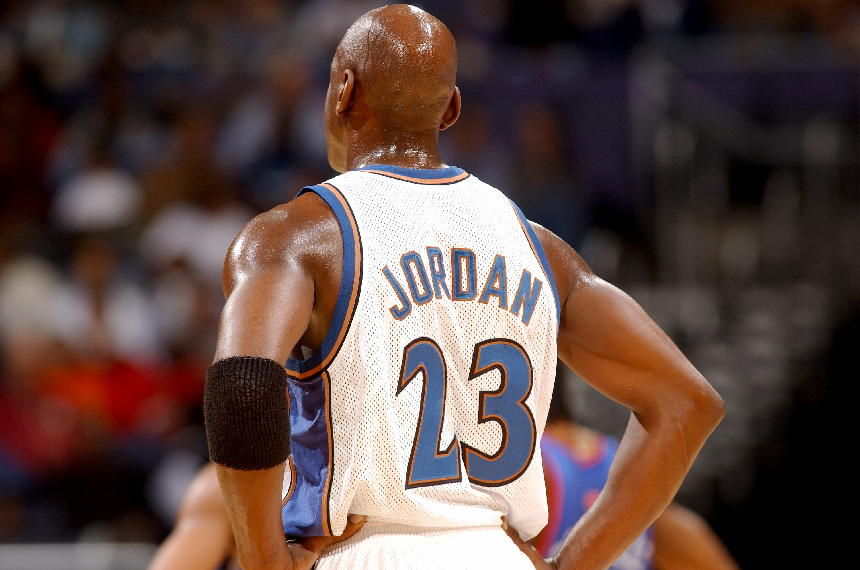 WASHINGTON, DC - DECEMBER 13:  Michael Jordan #23 of the Washington Wizards plays against the New York Knicks at the MCI Center on December 13, 2001 in Washington, DC.  NOTE TO USER: User expressly acknowledges and agrees that, by downloading and or using this photograph, User is consenting to the terms and conditions of the Getty Images License Agreement. (Photo by G Fiume/Getty Images)