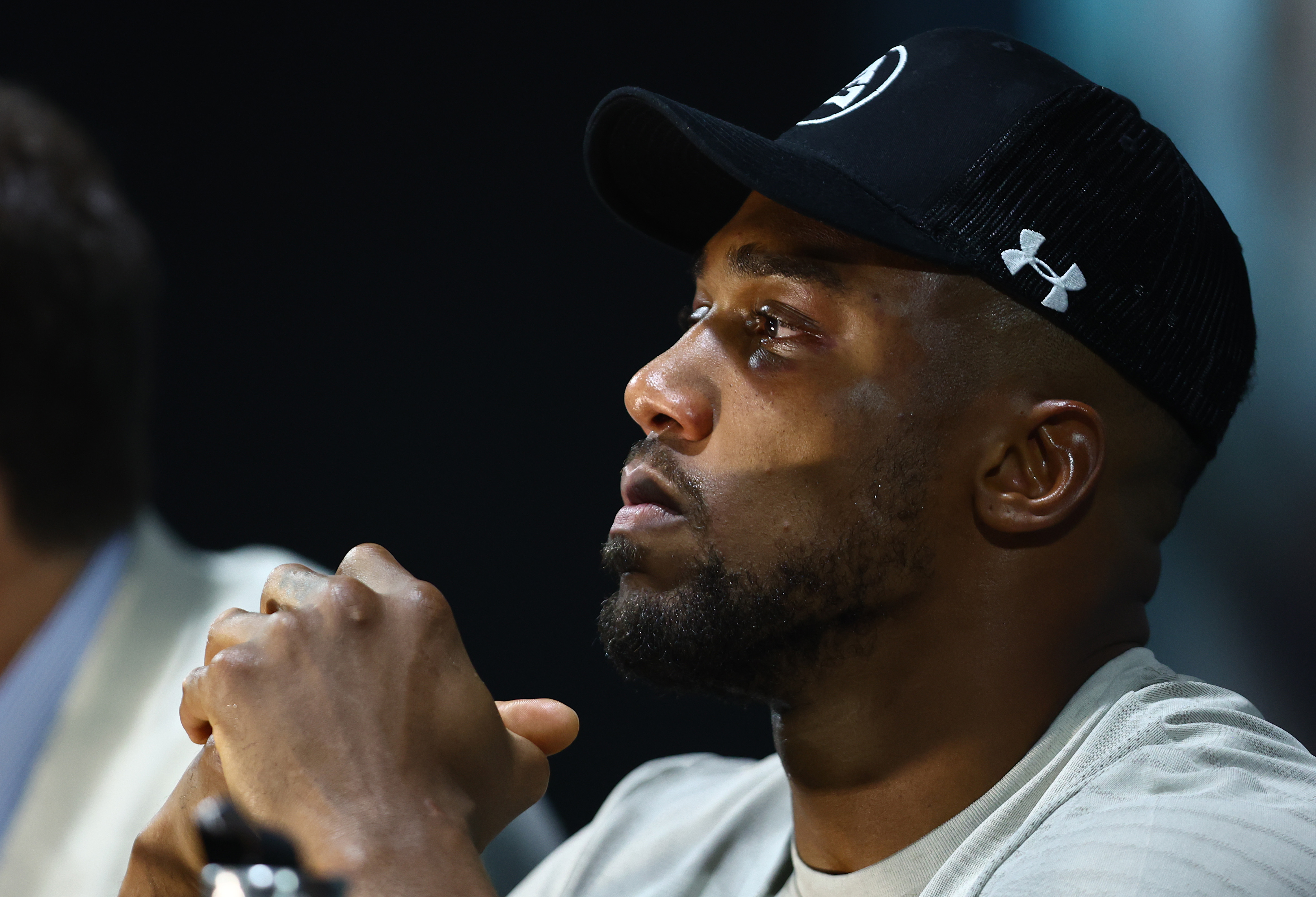 JEDDAH, SAUDI ARABIA - AUGUST 20: Anthony Joshua reacts during a press conference after the Rage on the Red Sea Heavyweight Title Fight at King Abdullah Sports City Arena on August 20, 2022 in Jeddah, Saudi Arabia. (Photo by Francois Nel/Getty Images)
