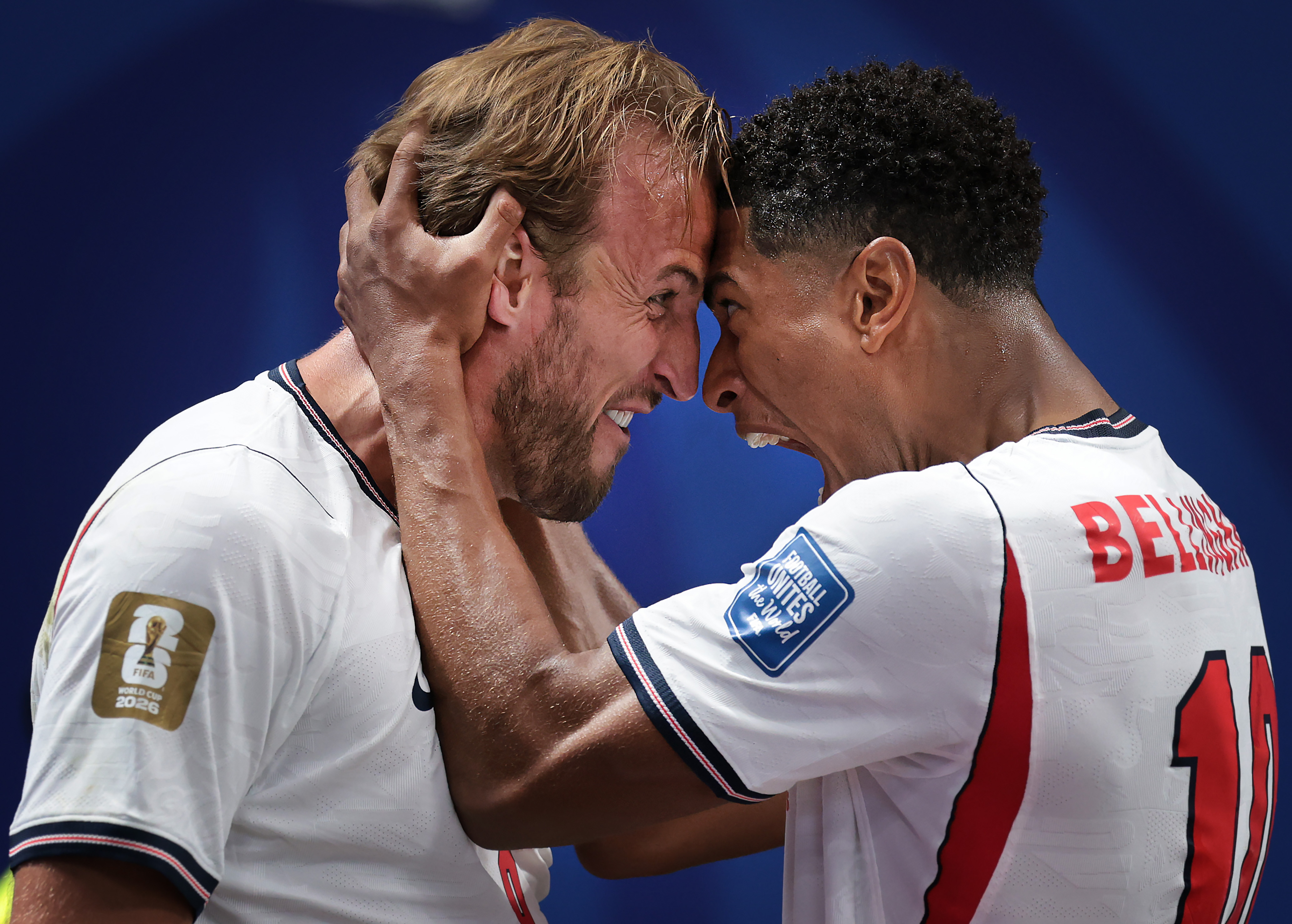 ATLANTA, GEORGIA - JULY 01: Harry Kane of England celebrates his first goal with Jude Bellingham of England during the FIFA World Cup 2026 Round Of 32 match between England and Congo DR at Atlanta Stadium on July 01, 2026 in Atlanta, Georgia. (Photo by Ian MacNicol/Getty Images)