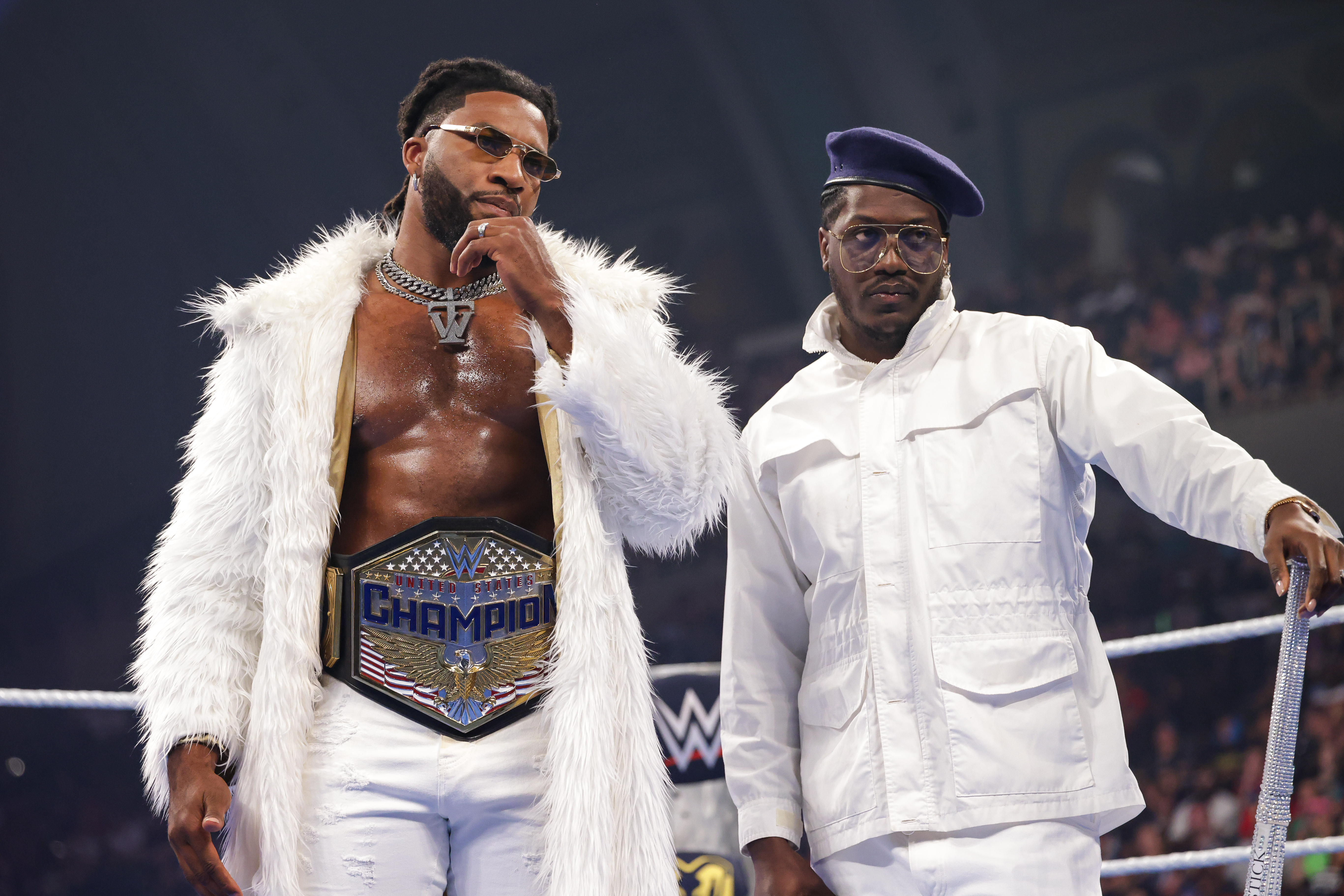 ATLANTIC CITY, NEW JERSEY - JULY 3: Trick Williams and Lil Yachty look on during SmackDown at Boardwalk Hall Arena on July 3, 2026 in Atlantic City, New Jersey.  (Photo by Brien Adams/WWE via Getty Images)