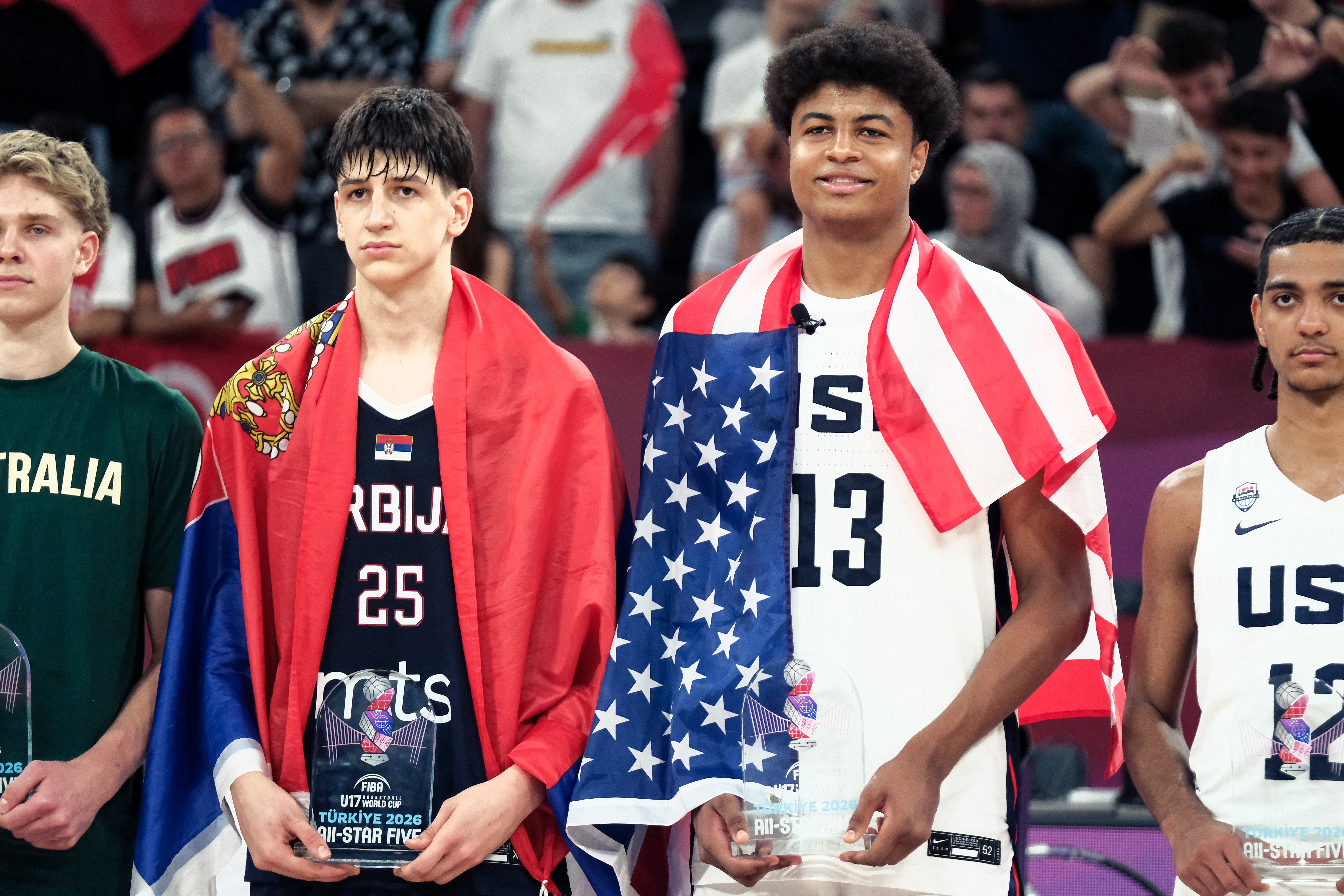 ISTANBUL, TURKIYE - JULY 05:  Nikola Kusturica of Serbia, and Joaquim Boumtje Boumtjethe United States are selected to the All-Star Five during the FIBA U17 at BDC Main Venue on July 05, 2026 in Istanbul, Turkiye. (Photo by Ferda Demir/Getty Images)