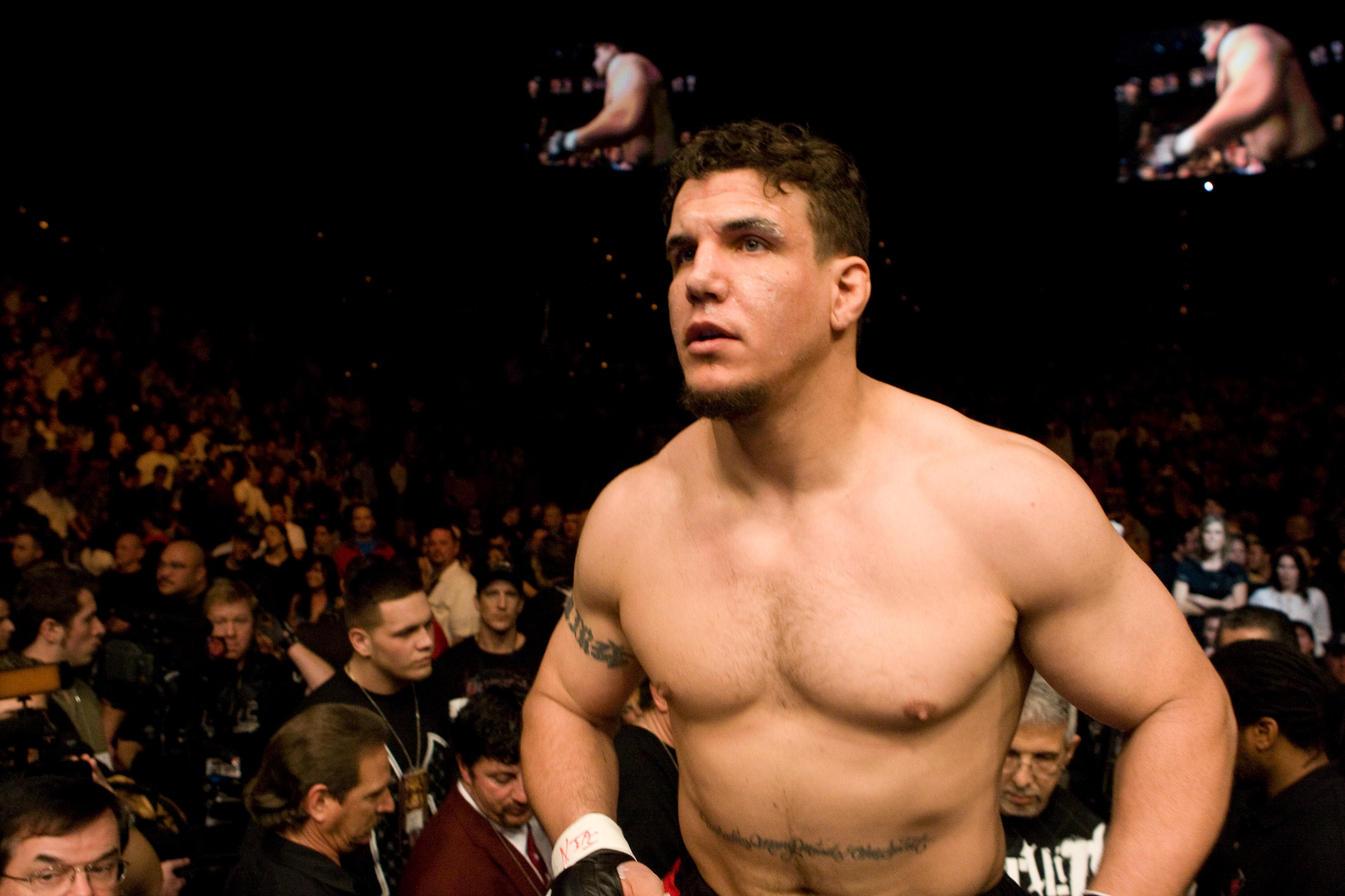 LAS VEGAS - FEBRUARY 2:  Frank Mir (red/black shorts) def. Brock Lesnar (white/black shorts) - Submission (knee bar) - 1:30 round 1 during the UFC 81 at Mandalay Bay on February 2, 2008 in Las Vegas, Nevada. (Photo by: Josh Hedges/Zuffa LLC via Getty Images)