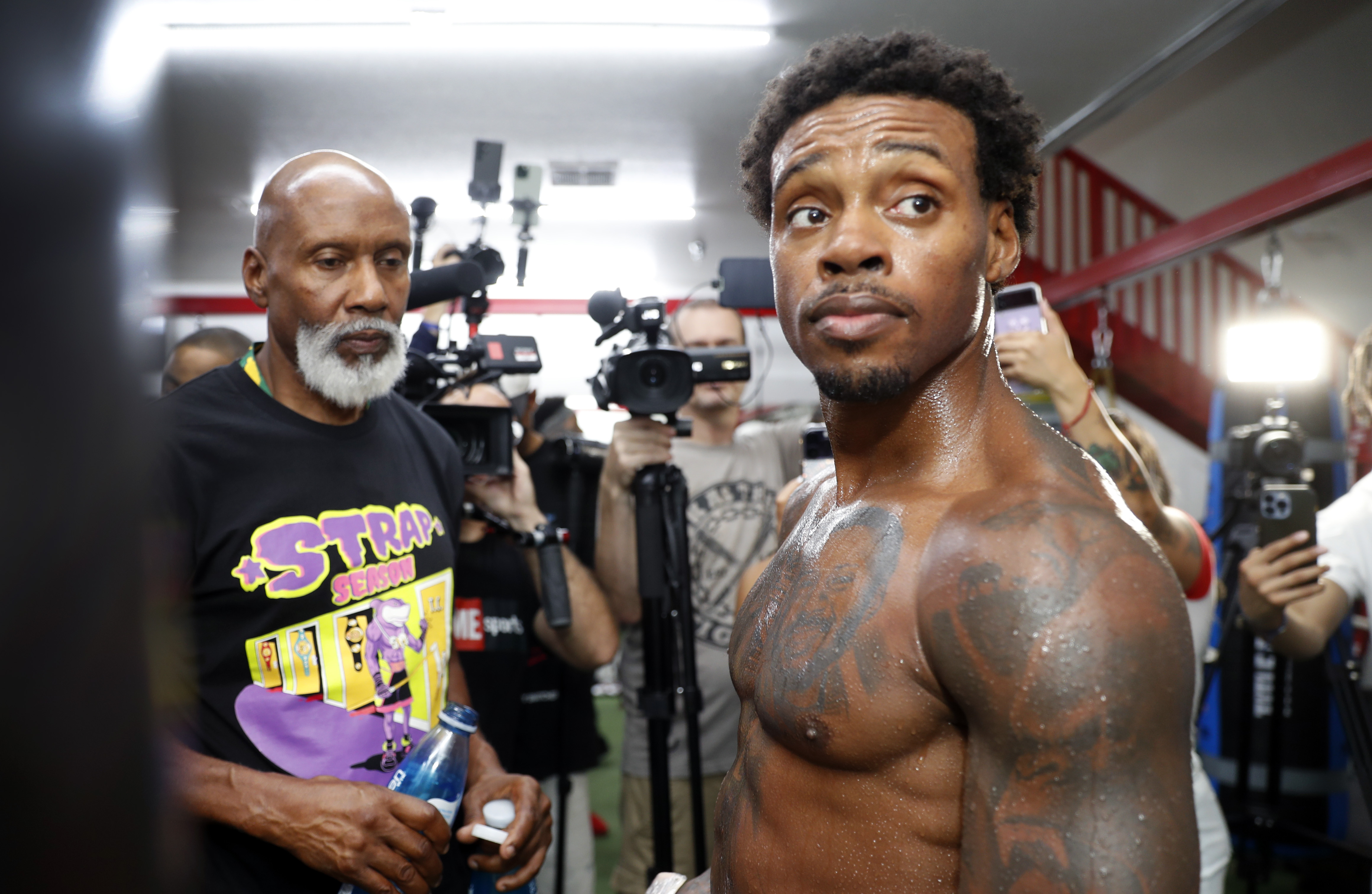 LAS VEGAS, NEVADA - JULY 20: Undefeated WBC/WBA and IBF welterweight champion Errol Spence Jr. finishes a media workout at Fight Capital Gym on July 20, 2023 in Las Vegas, Nevada. Spence is scheduled to defend his titles against undefeated WBO welterweight champion Terrance Crawford at T-Mobile Arena on July 29, 2023, in Las Vegas. (Photo by Steve Marcus/Getty Images)