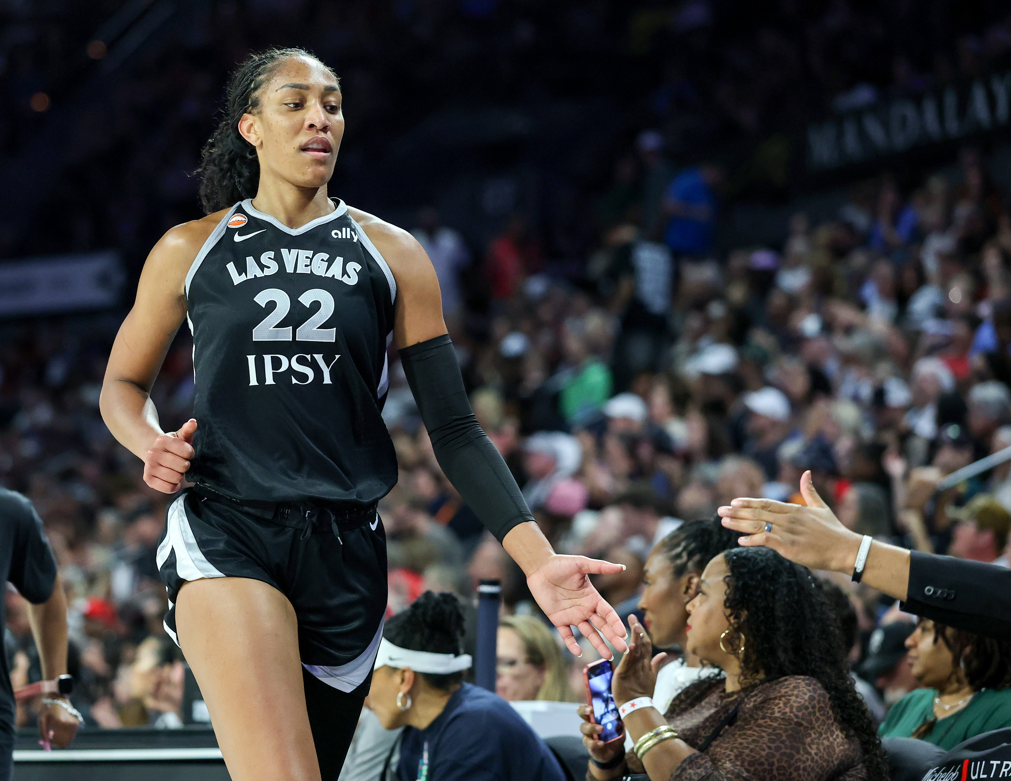 LAS VEGAS, NEVADA - JULY 12: A'ja Wilson #22 of the Las Vegas Aces checks out of the first quarter of a game against the Indiana Fever at Michelob ULTRA Arena on July 12, 2026 in Las Vegas, Nevada. The Fever defeated the Aces 109-75. NOTE TO USER: User expressly acknowledges and agrees that, by downloading and or using this photograph, User is consenting to the terms and conditions of the Getty Images License Agreement. (Photo by Ethan Miller/Getty Images)