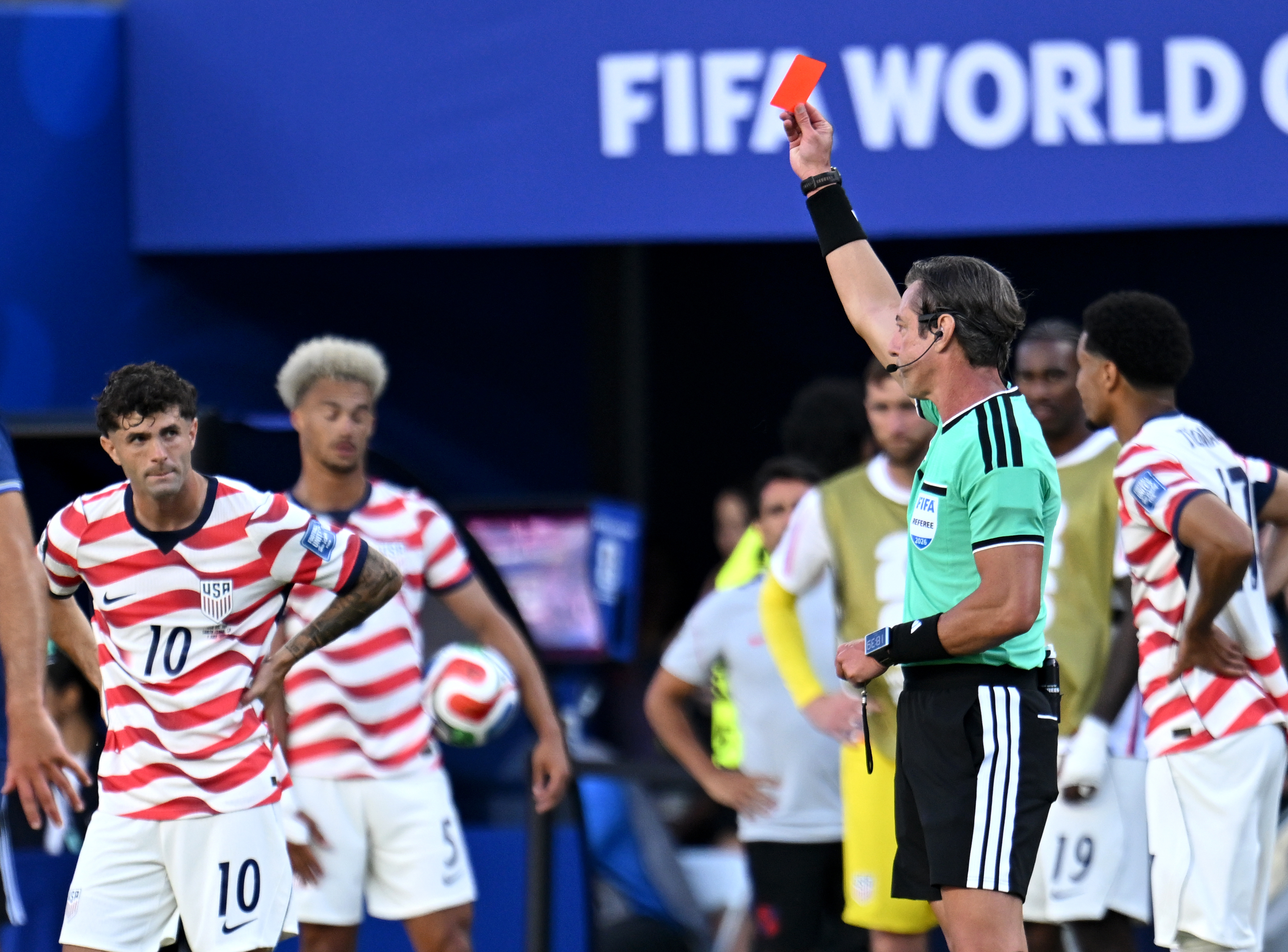 SANTA CLARA, CALIFORNIA - JULY 1: Referee Raphael shows red card Folarin Balogun (not seen) of USA during the 2026 FIFA World Cup Round 32 match between USA vs Bosnia and Herzegovina at the San Francisco Bay Area Stadium (Levi's Stadium) in Santa Clara, California, United States on July 1, 2026. (Photo by Tayfun Coskun/Anadolu via Getty Images)