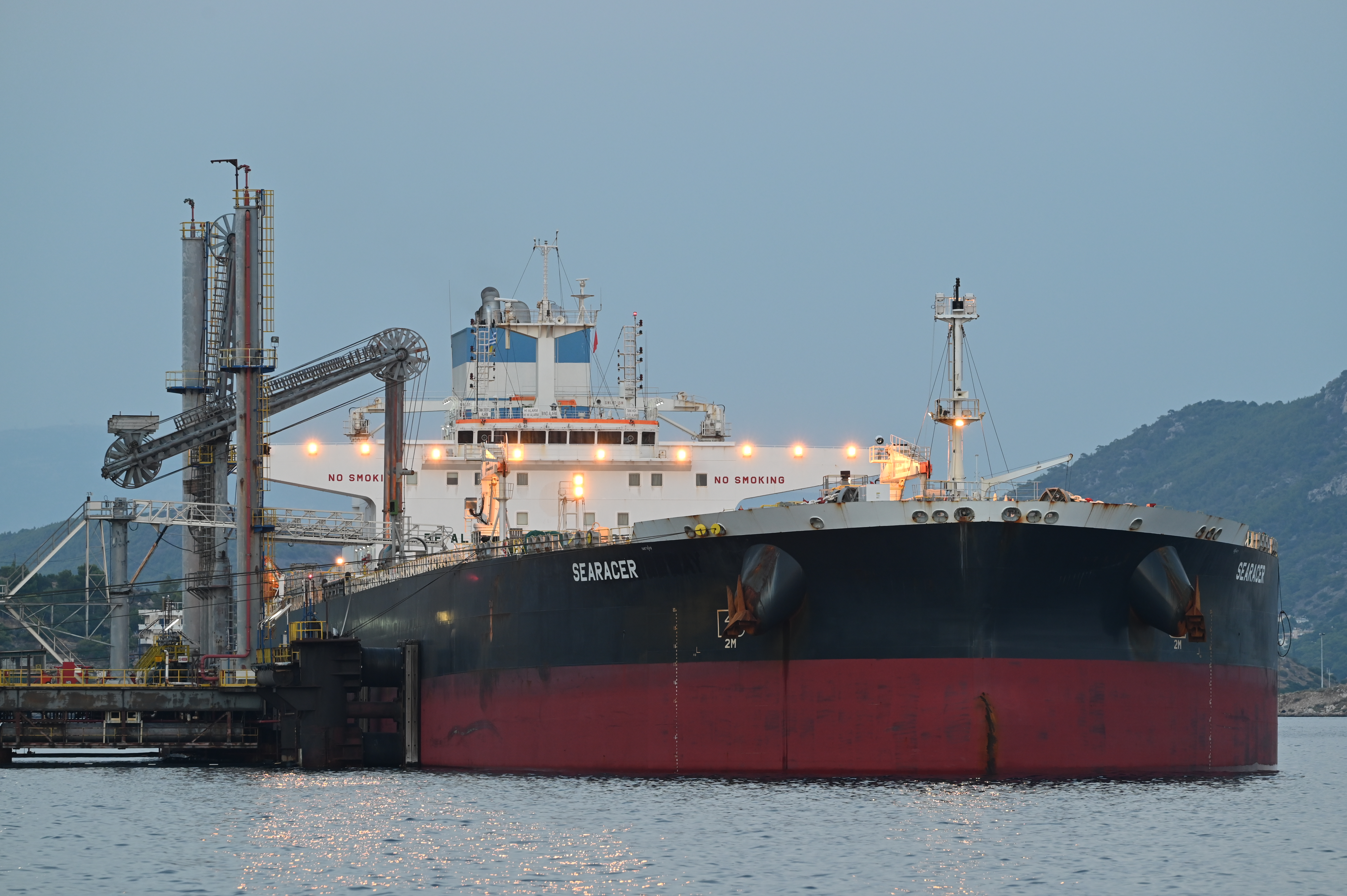 The crude oil tanker Searacer unloads a cargo originating from the FPSO One Guyana offshore floating production vessel at Pachi Port near Athens, Greece, on July 16, 2026. (Nicolas Koutsokostas/NurPhoto via Getty Images)
