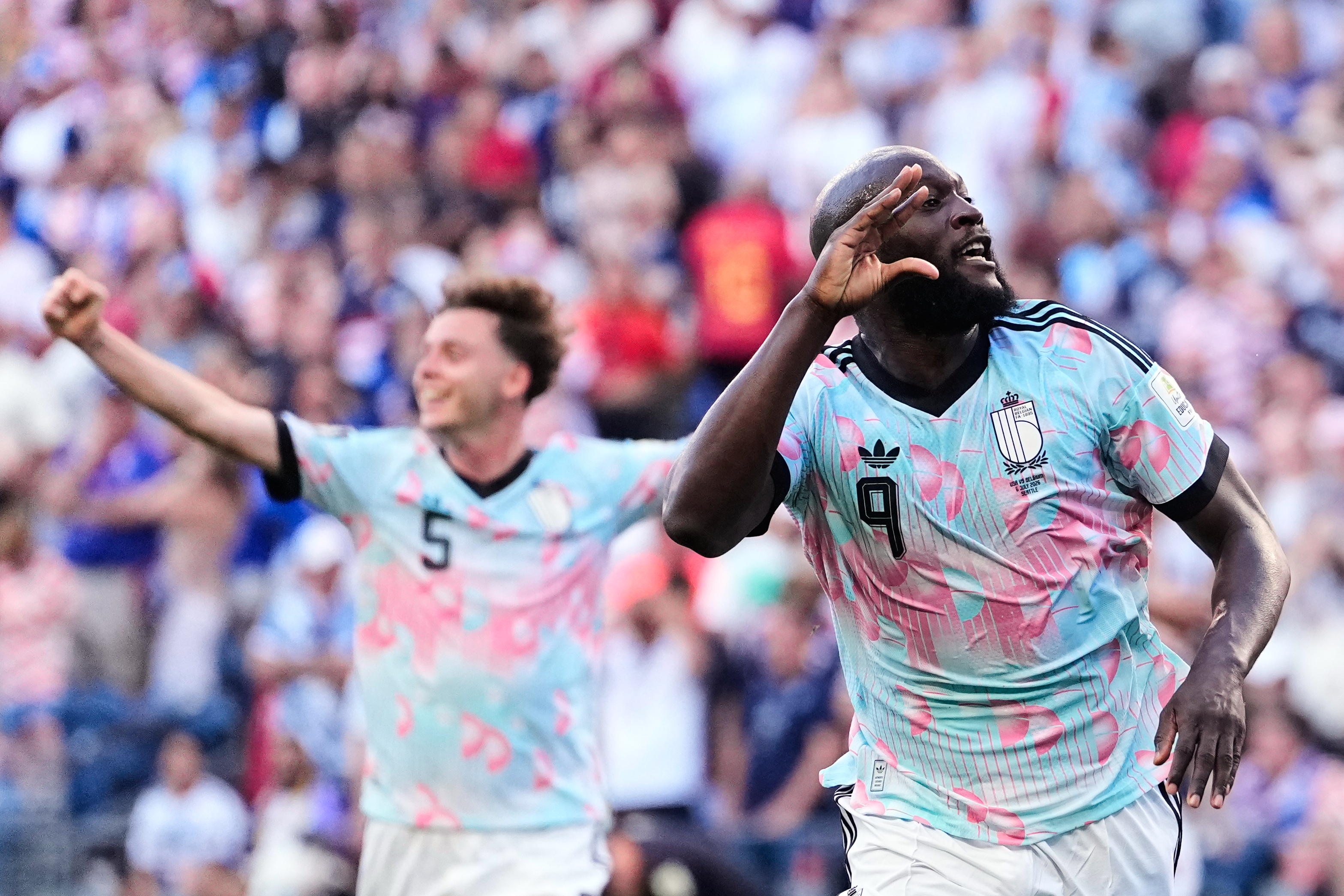 Belgium's Romelu Lukaku (9) celebrates after scoring his team's fourth goal during the World Cup round of 16 soccer match between the United States and Belgium in Seattle, Monday, July 6, 2026. (AP Photo/Lindsey Wasson)