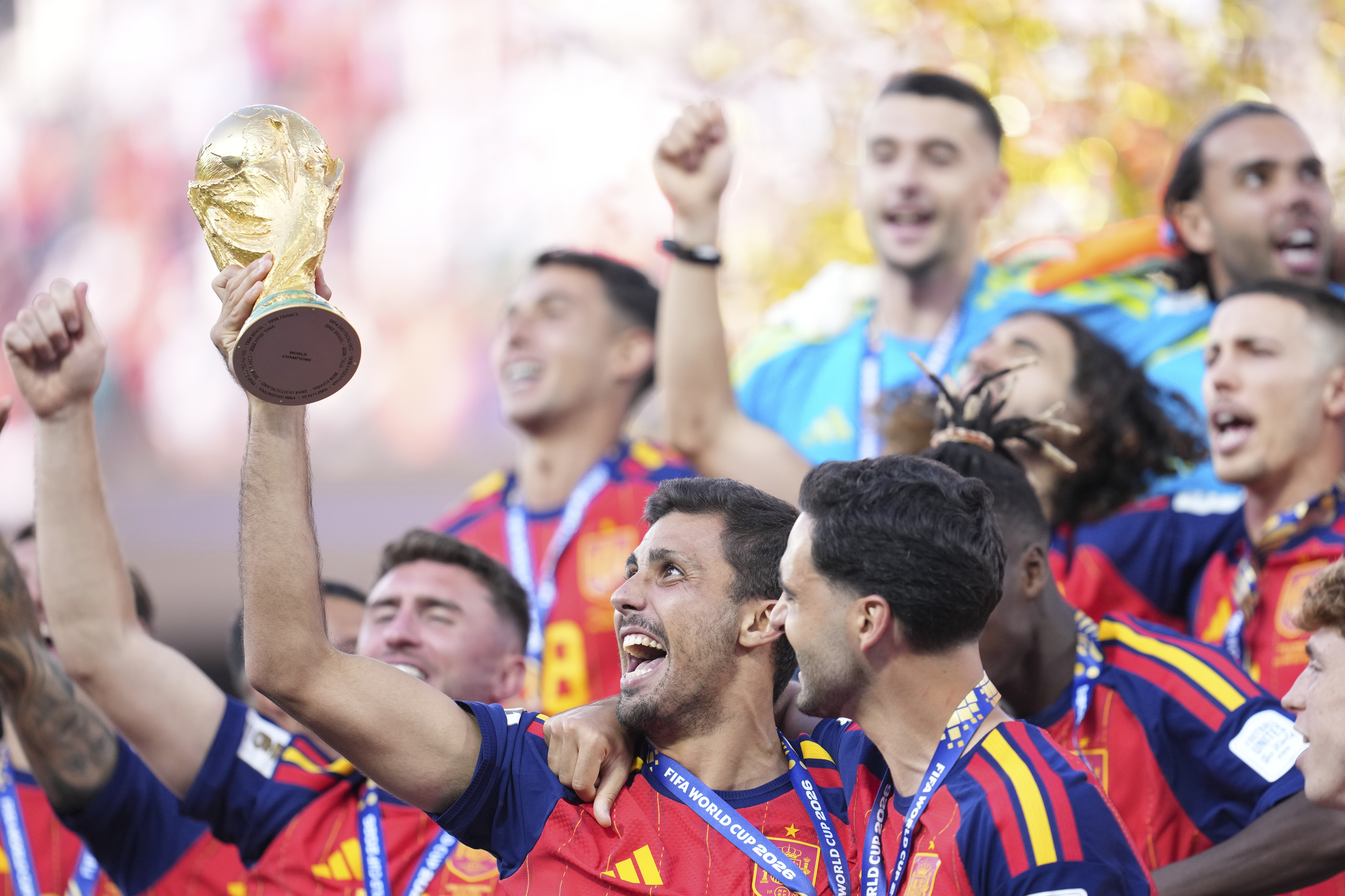 Rodri Hernandez of Spain celebrates with the trophy after winning the 2026 FIFA World Cup during the FIFA World Cup 2026 Final match between Spain and Argentina at New York New Jersey Stadium on July 19, 2026 in East Rutherford, United States. (Photo by Jose Breton/Pics Action/NurPhoto via Getty Images)
