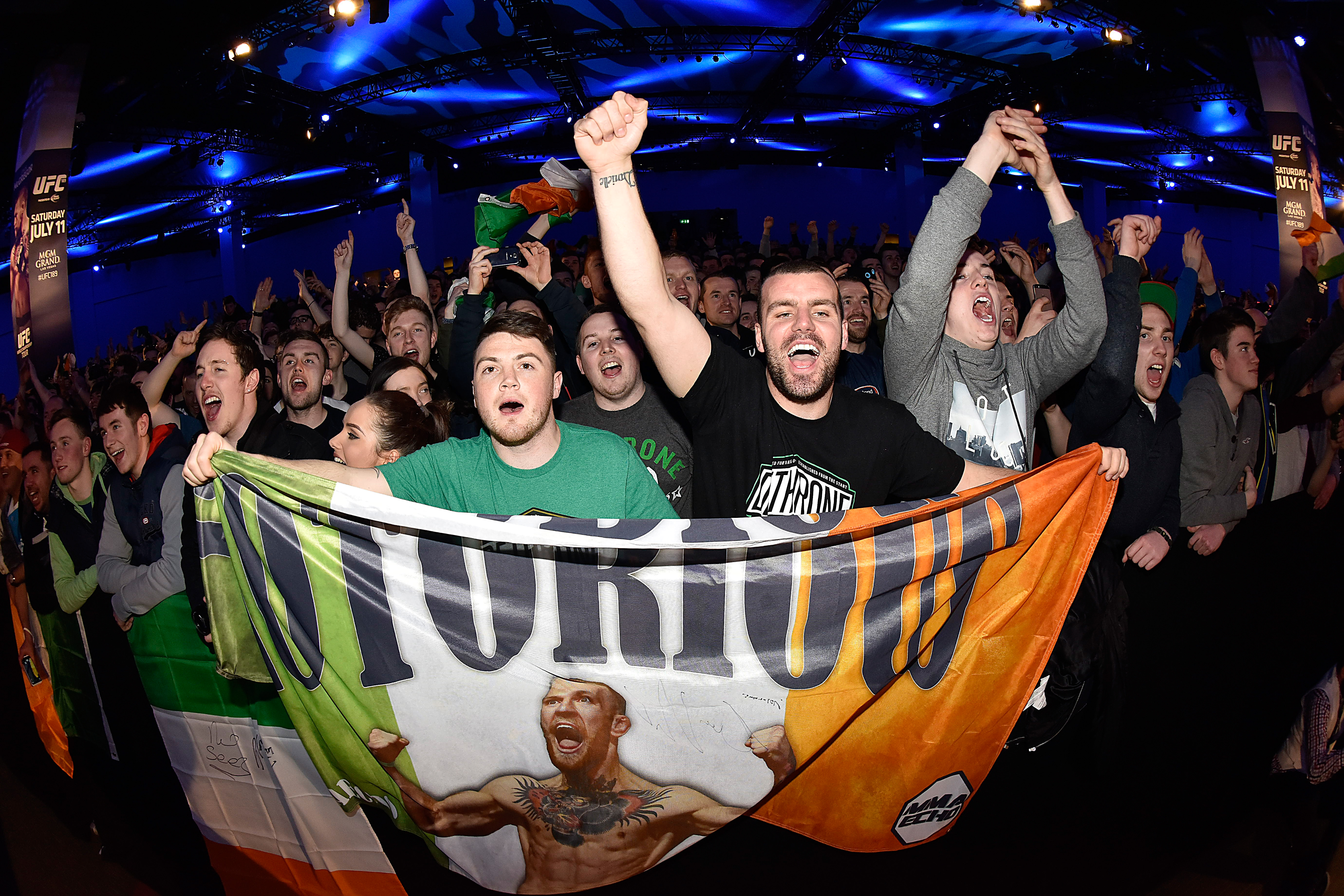 DUBLIN, IRELAND - MARCH 31:  Fans cheer for Conor McGregor of Ireland during the UFC 189 World Championship Fan Event on March 31, 2015 in Dublin, Ireland. (Photo by Jeff Bottari/Zuffa LLC/Zuffa LLC via Getty Images)