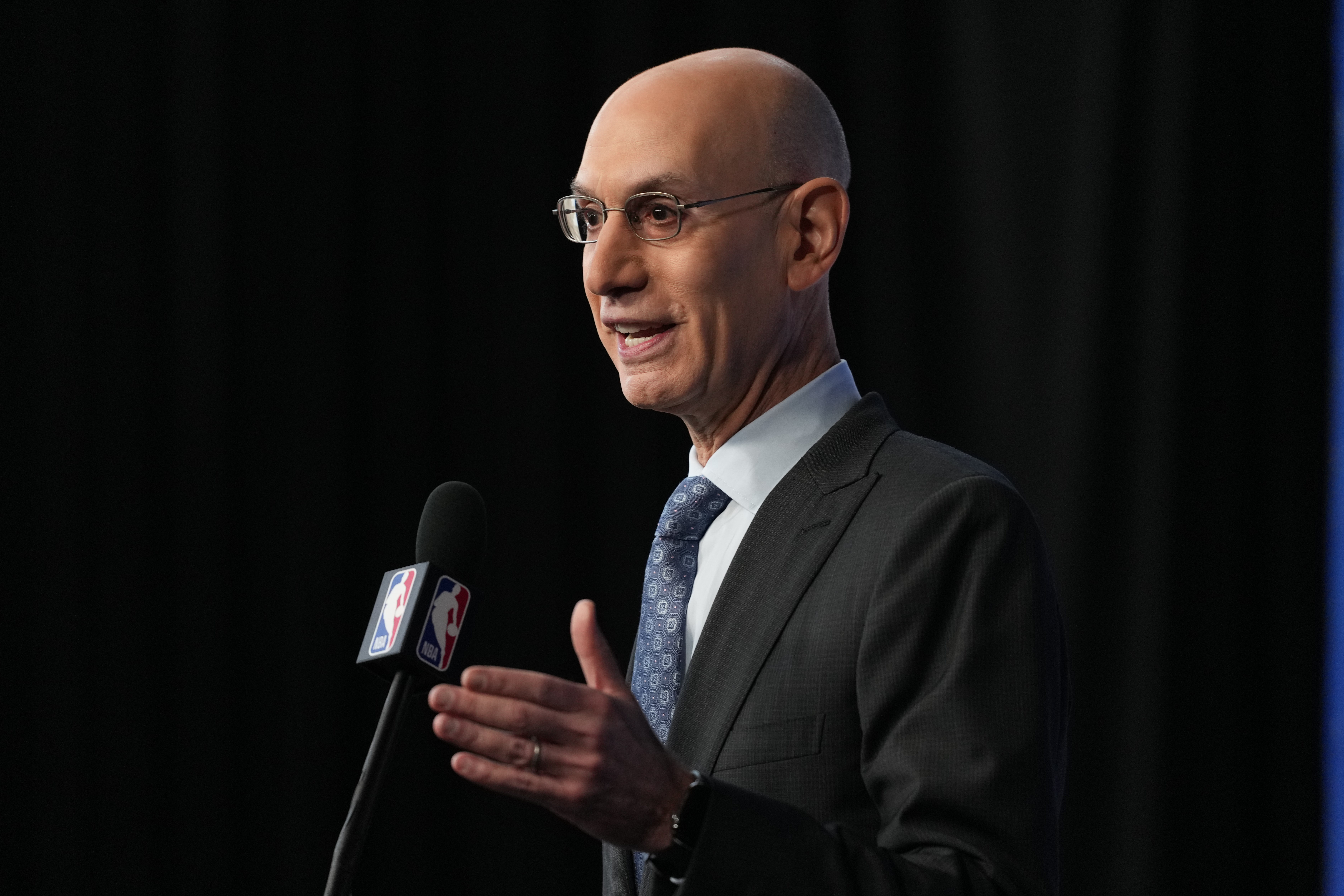 Feb 14, 2026; Los Angeles, CA, USA; NBA commissioner Adam Silver speaks to the media during a press conference before 2026 NBA All Star Saturday Night at Intuit Dome. Mandatory Credit: Kirby Lee-Imagn Images