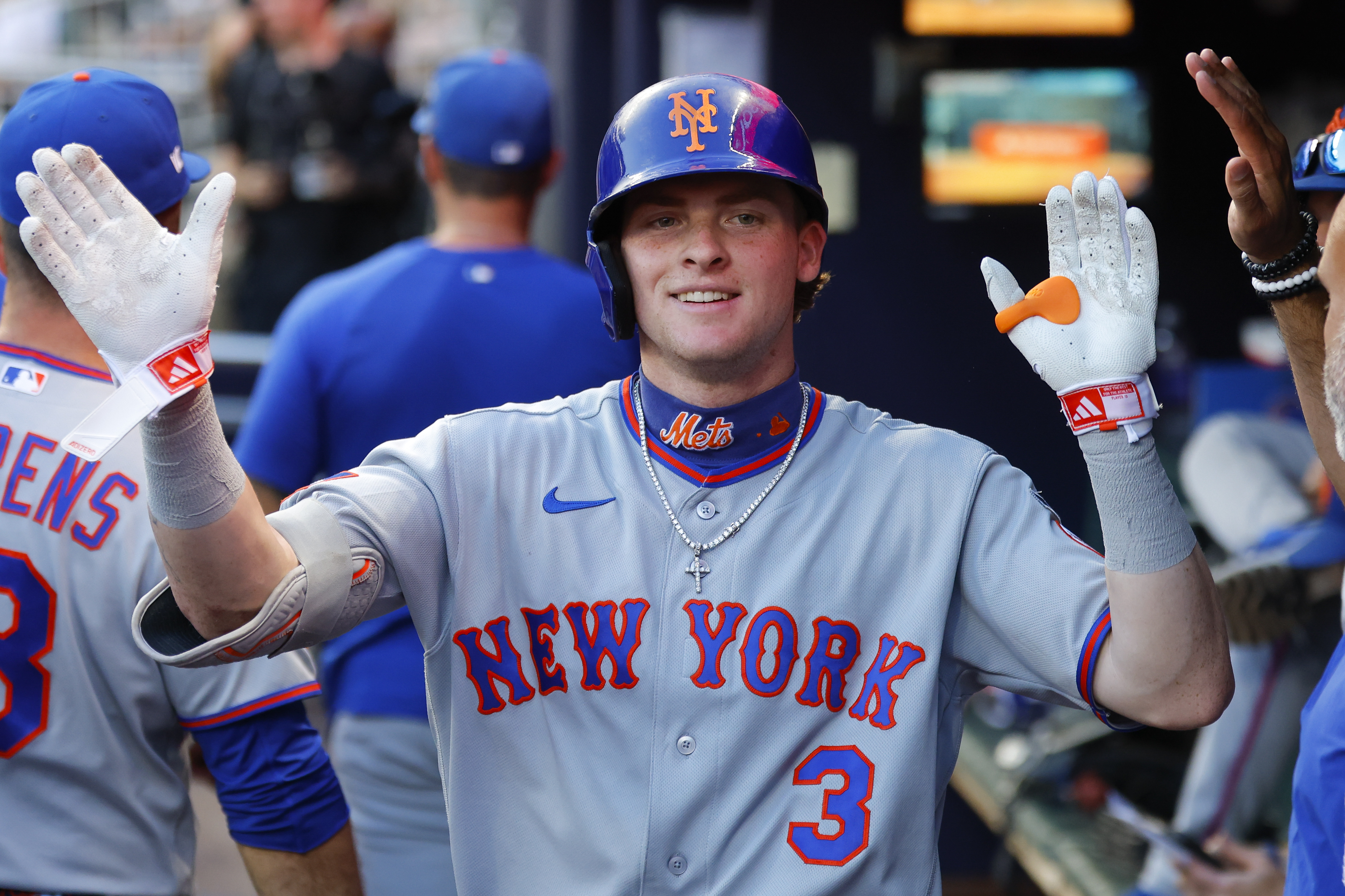 ATLANTA, GEORGIA - JULY 6: Carson Benge #3 of the New York Mets celebrates a solo home run during the second inning against the Atlanta Braves at Truist Park on July 6, 2026 in Atlanta, Georgia. (Photo by Todd Kirkland/Getty Images)