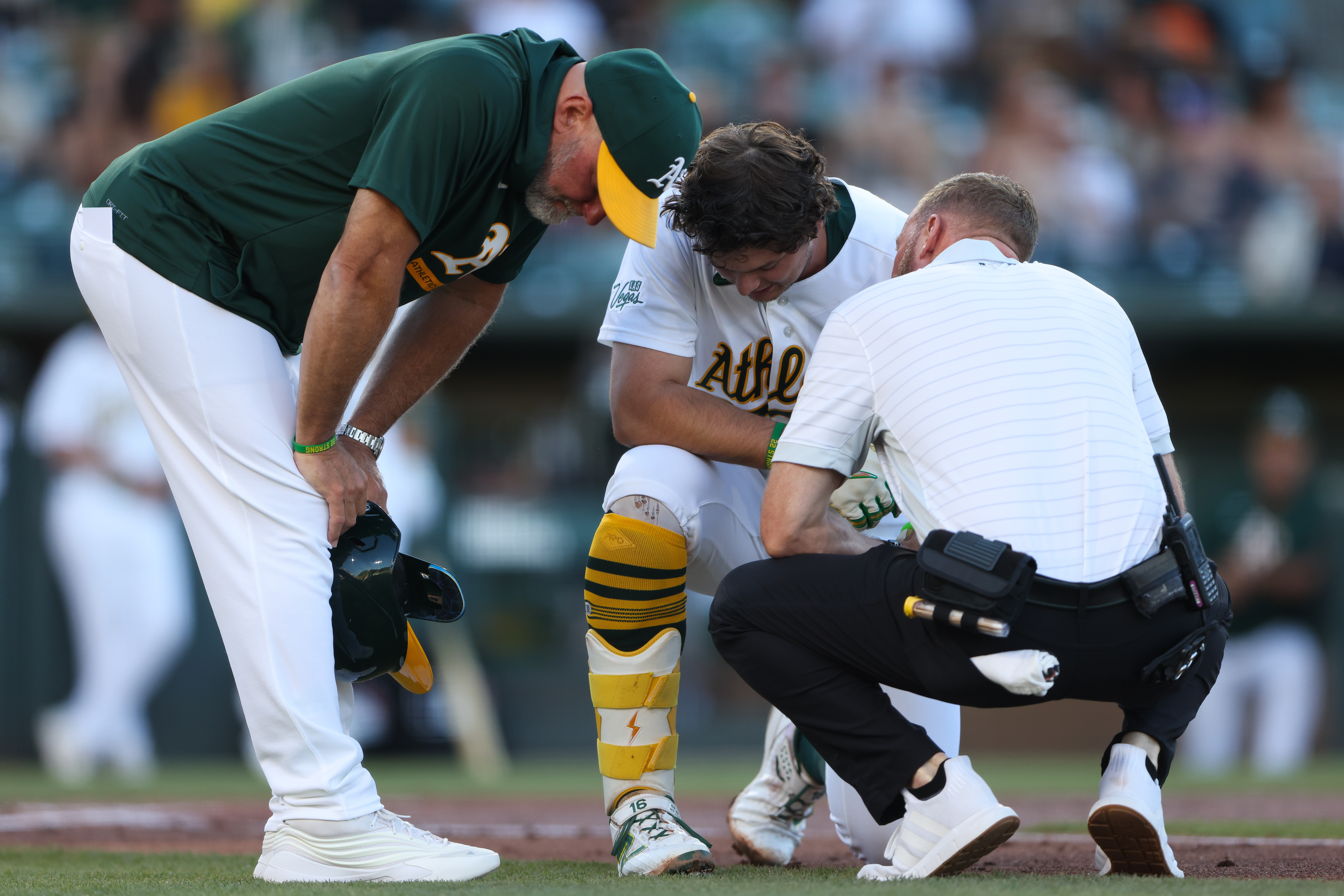 Athletics' 1B Nick Kurtz leaves early after being hit in wrist by pitch in game vs. Red Sox
