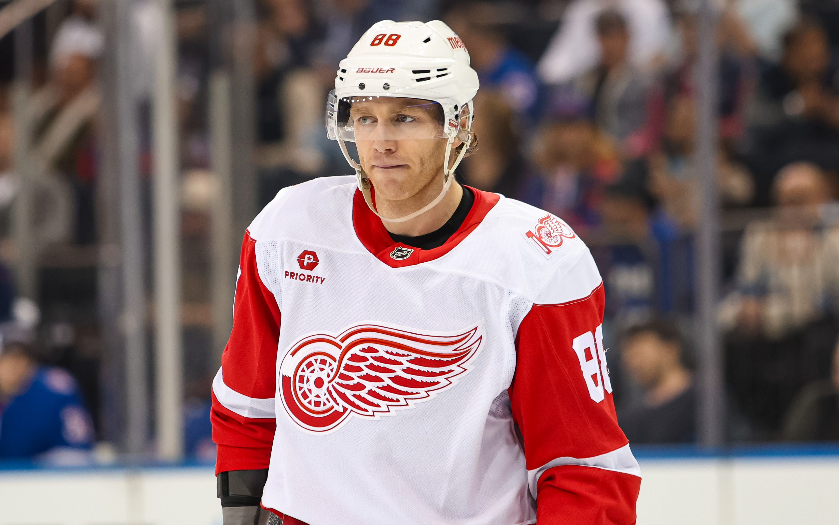 Apr 4, 2026; New York, New York, USA; Detroit Red Wings right wing Patrick Kane (88) skates against the New York Rangers during the first period at Madison Square Garden. Mandatory Credit: Danny Wild-Imagn Images