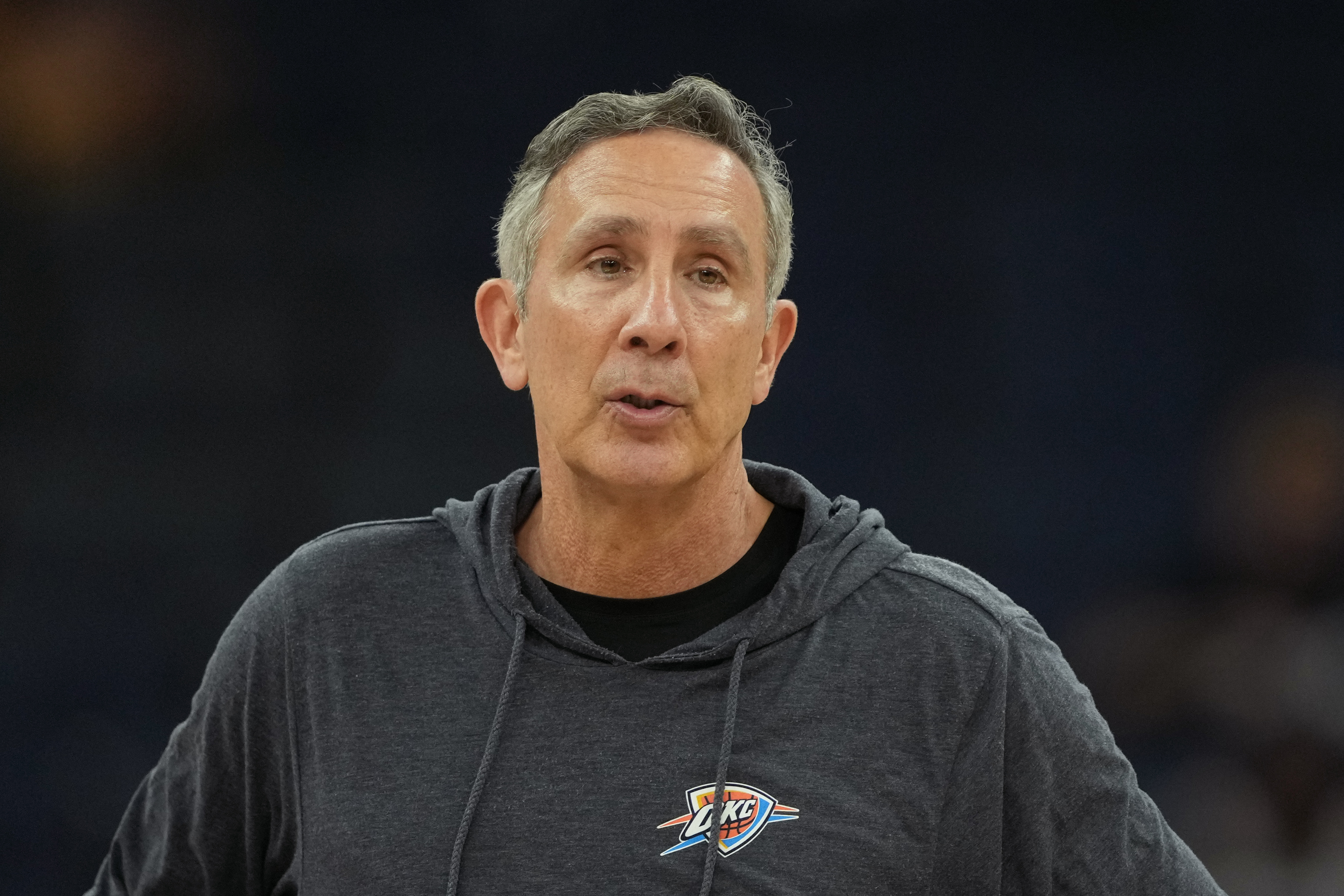 Jan 2, 2026; San Francisco, California, USA; Oklahoma City Thunder assistant coach Chip Engelland before the game against the Golden State Warriors at Chase Center. Mandatory Credit: Darren Yamashita-Imagn Images