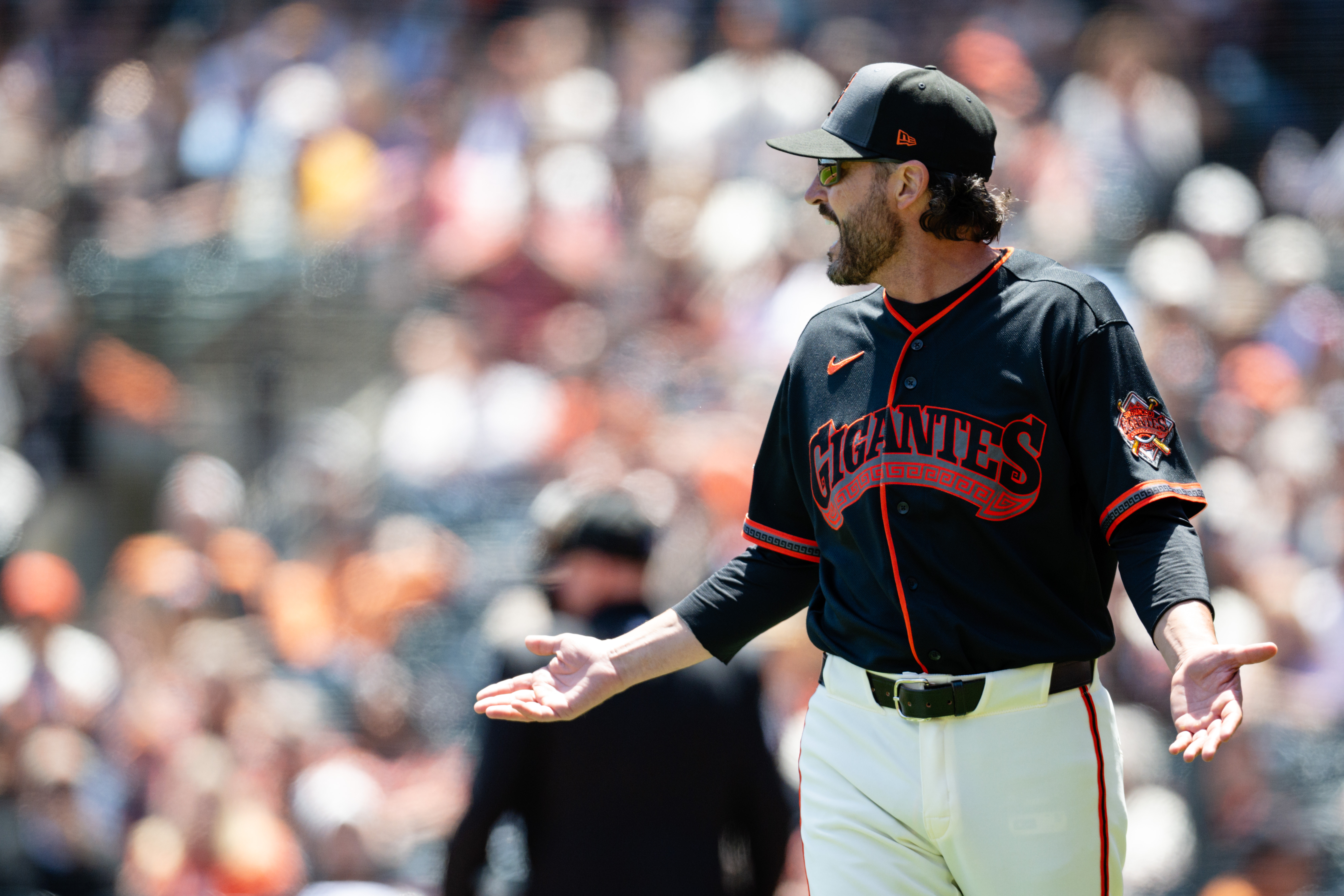 San Francisco Giants manager Tony Vitello reacts after being ejected during the third inning of a baseball game against the Colorado Rockies, Saturday, July 11, 2026, in San Francisco. (AP Photo/Thien-An Truong)