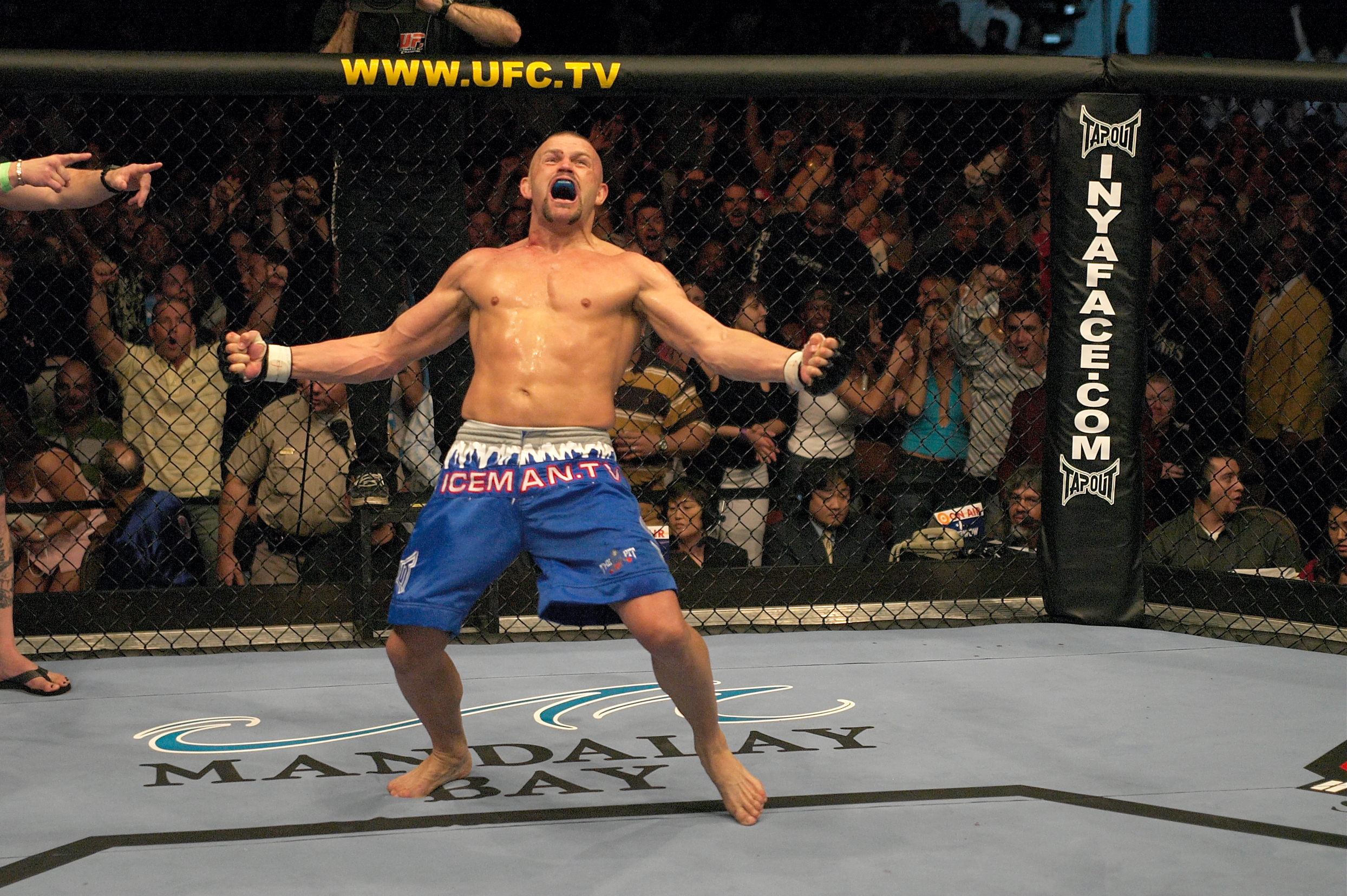 LAS VEGAS, NV - APRIL 02:  Chuck Liddell reacts after knocking out Tito Ortiz during their light heavyweight championship bout at UFC 47 inside the Mandalay Bay Events Center on April 2, 2004 in Las Vegas, Nevada. (Photo by Josh Hedges/Zuffa LLC/Zuffa LLC via Getty Images) 