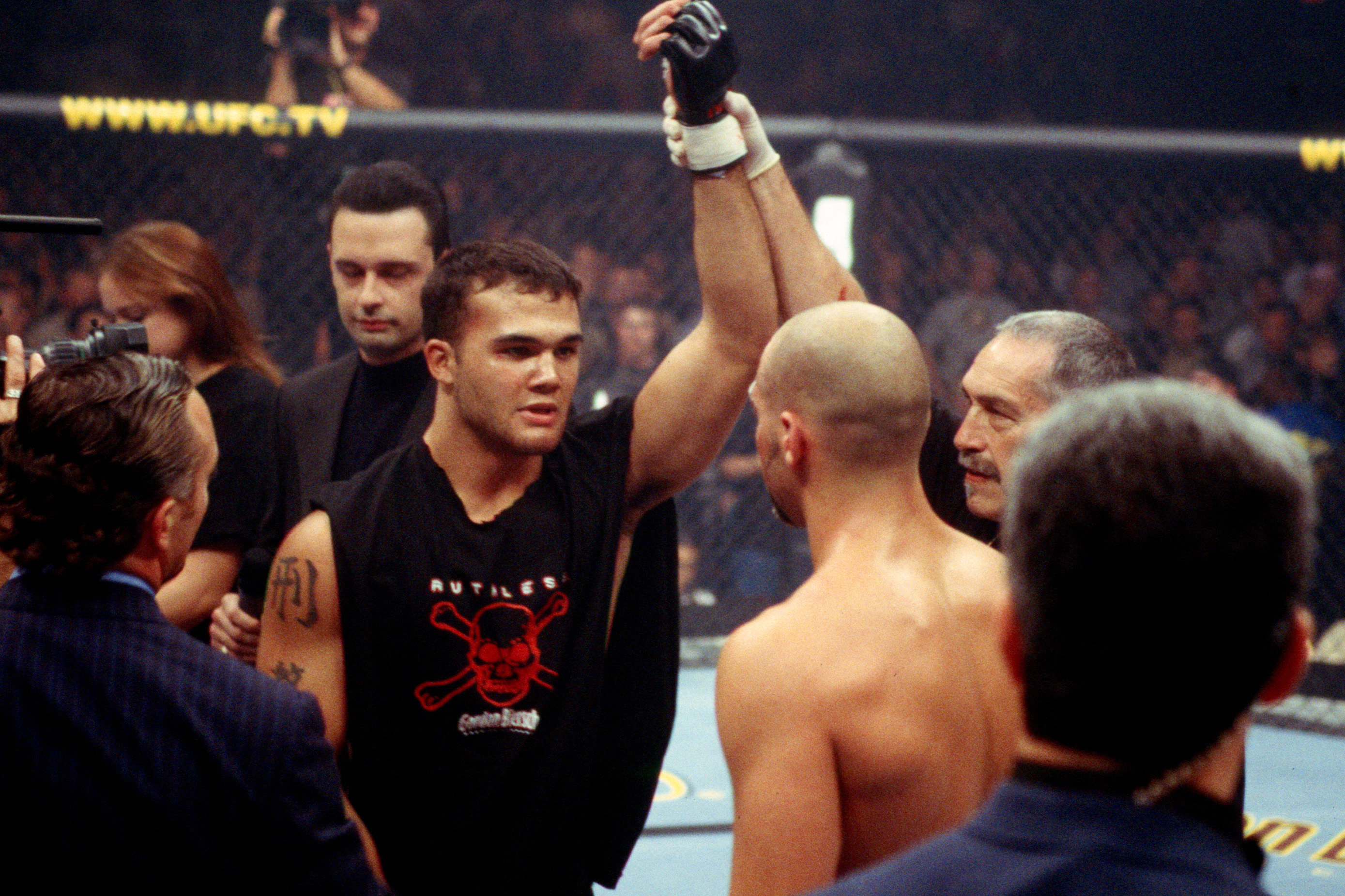 LAS VEGAS, NEVADA - NOVEMBER 22:  Robbie Lawler reacts after his TKO victory over Tiki Ghosn in their welterweight fight during the UFC 40 event at MGM Grand Garden Arena on November 22, 2002 in Las Vegas, Nevada. (Photo by Josh Hedges/Zuffa LLC)