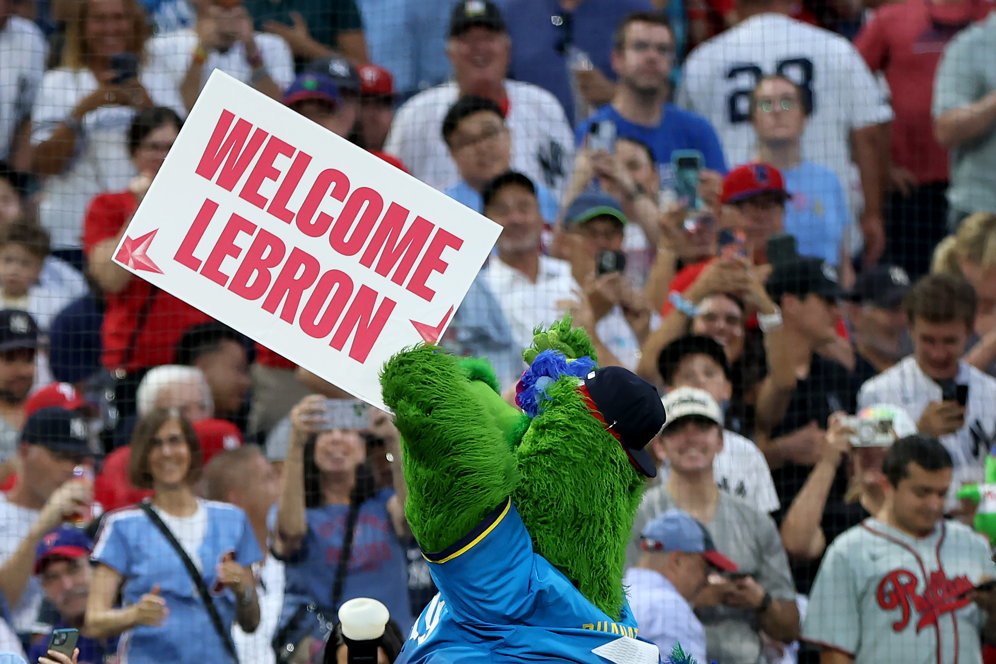 PHILADELPHIA, PENNSYLVANIA - JULY 24: The Phillie Phanatic welcomes LeBron James to Philadelphia during a game between the Philadelphia Phillies and the New York Yankees at Citizens Bank Park on July 24, 2026 in Philadelphia, Pennsylvania. (Photo by Emilee Chinn/Getty Images)