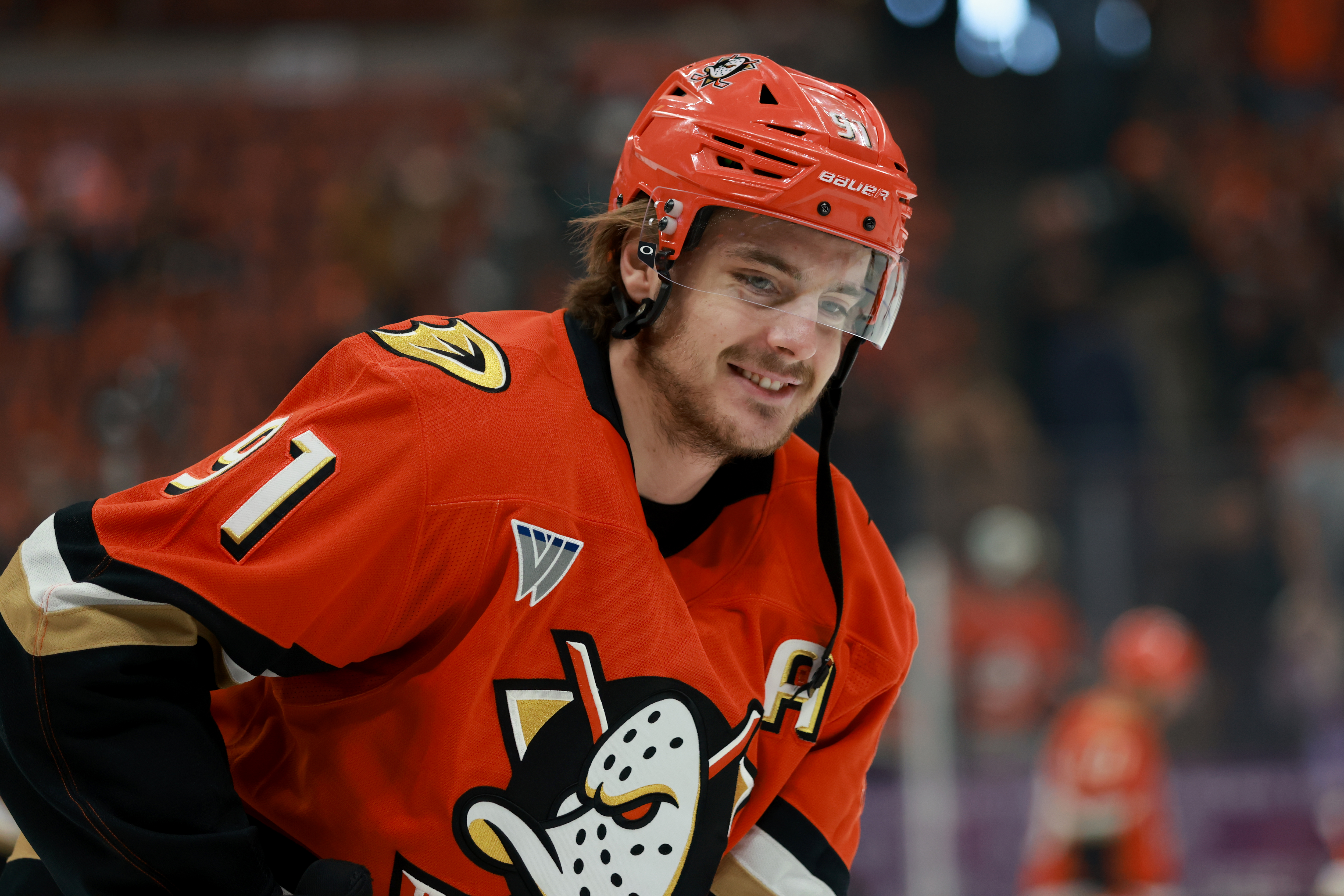 ANAHEIM, CALIFORNIA - MAY 08: Leo Carlsson #91 of the Anaheim Ducks smiles during warmups before Game Three of the Second Round of the 2026 Stanley Cup Playoffs against the Vegas Golden Knights at Honda Center on May 08, 2026 in Anaheim, California. (Photo by Nicole Vasquez/NHLI via Getty Images)