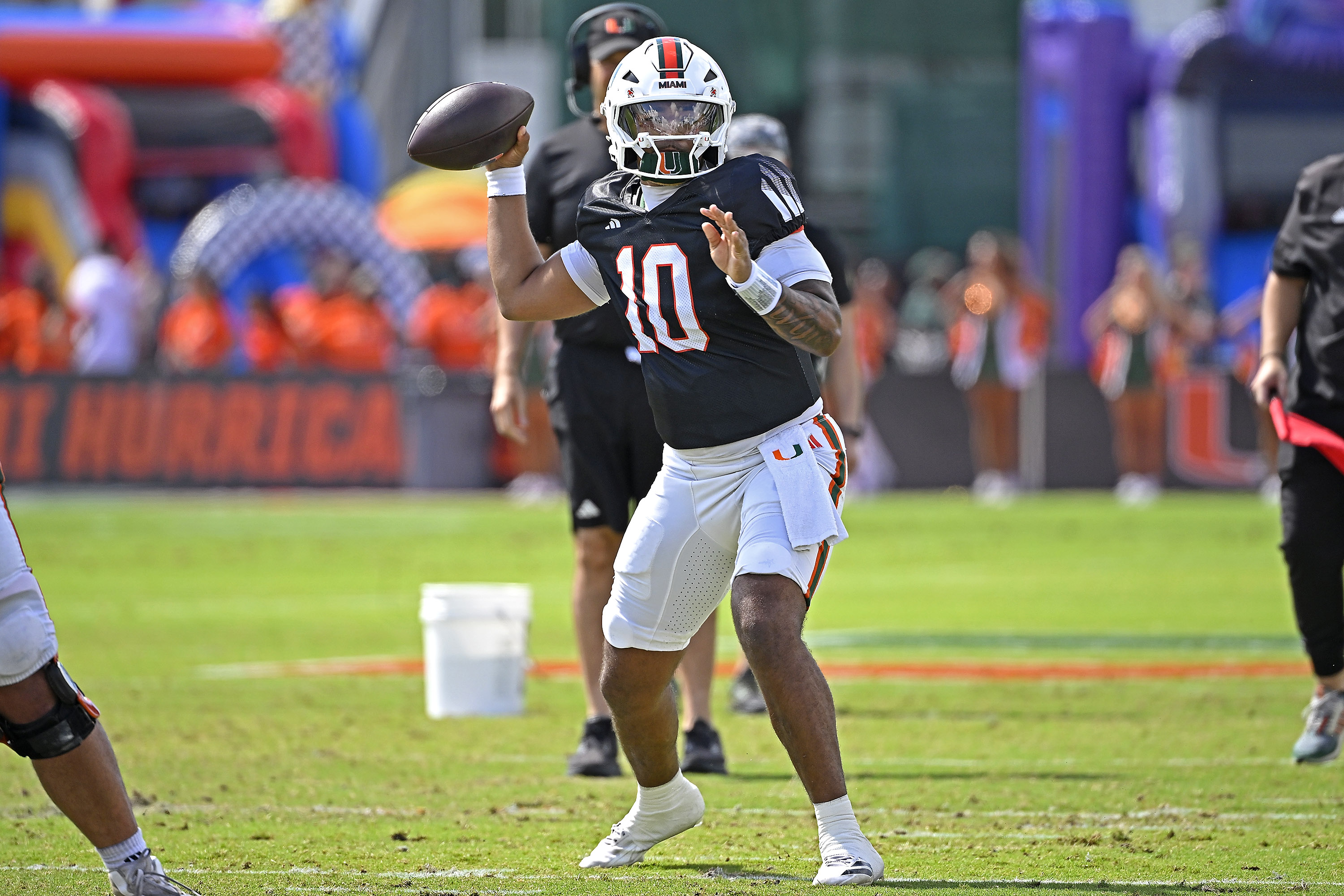 CORAL GABLES, FL - APRIL 18:  Miami quarterback Darian Mensah (10) throws a pass as the Miami Hurricanes played their spring game on April 18, 2026, at Cobb Stadium in Coral Gables, Florida. (Photo by Samuel Lewis/Icon Sportswire via Getty Images)