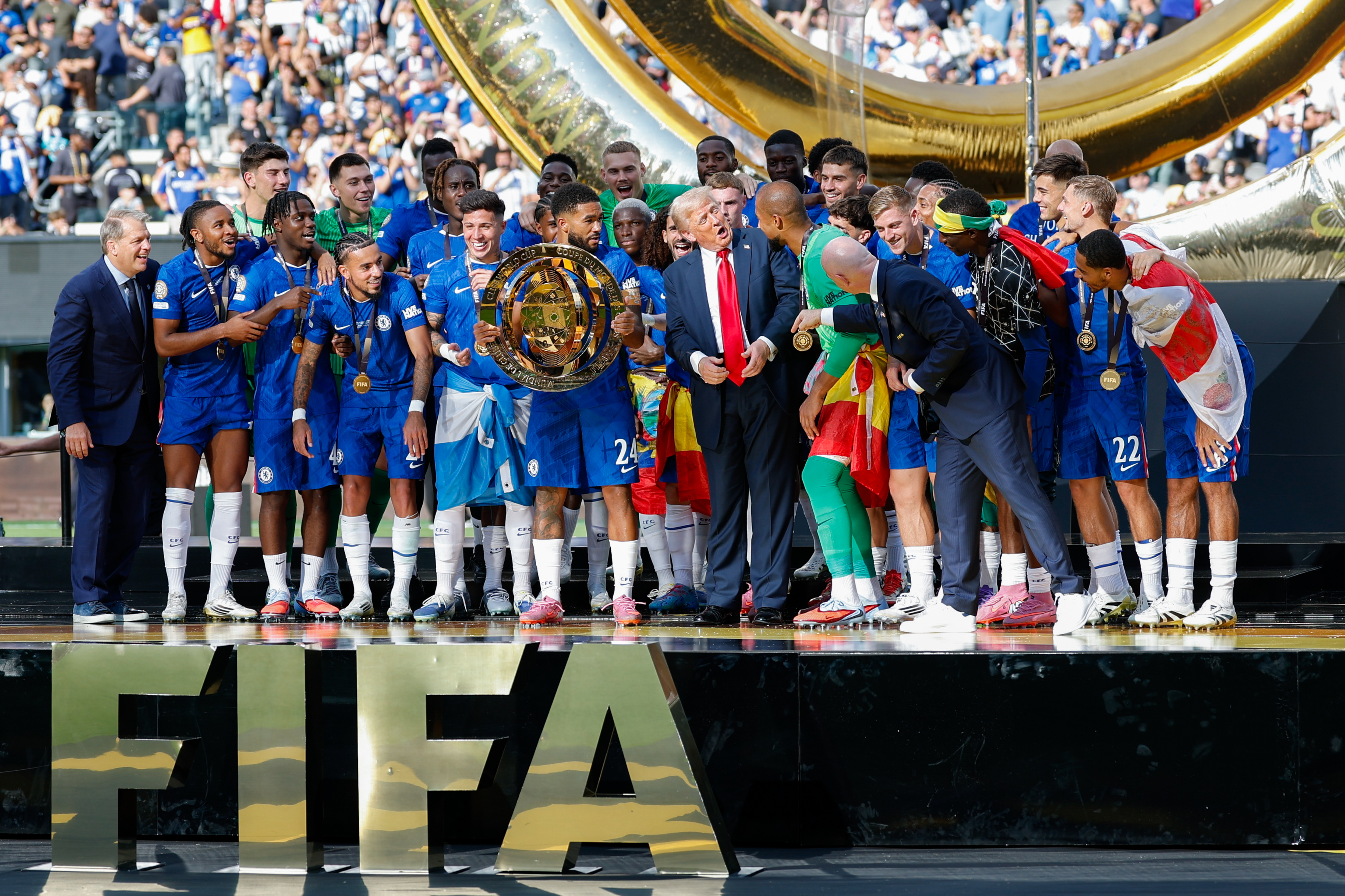 EAST RUTHERFORD, NEW JERSEY - JULY 13: The President of the United States Donald Trump and FIFA President Gianni Infantino share a moment after the FIFA Club World Cup 2025 final match between Chelsea FC and Paris Saint-Germain at MetLife Stadium on July 13, 2025 in East Rutherford, New Jersey. (Photo by Roger Wimmer/ISI Photos/ISI Photos via Getty Images)