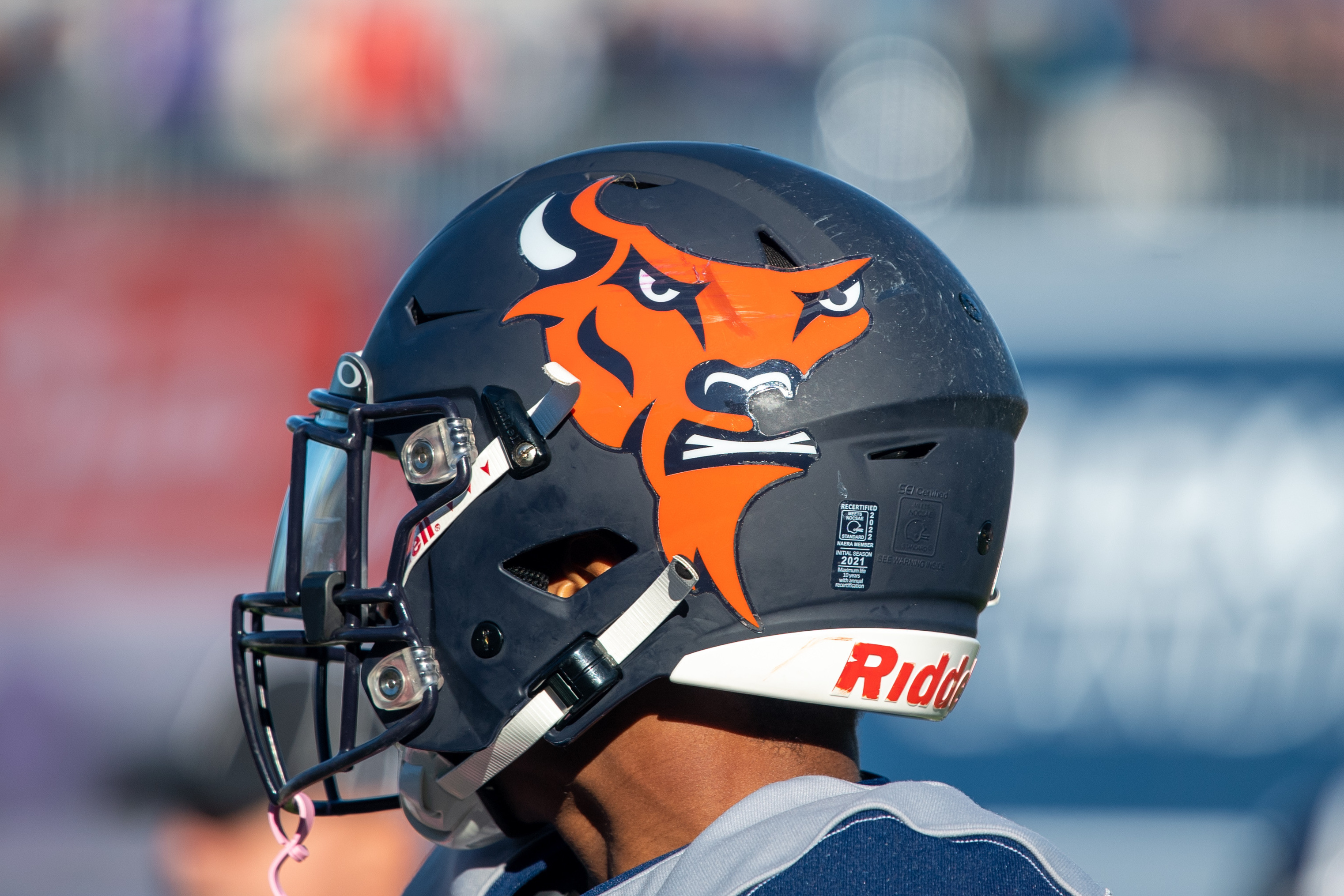 WORCESTER, MA - OCTOBER 08: A general view of the Bucknell Bison logo on a football helmet during the EBW Classic college football game between the Bucknell Bison and the Holy Cross Crusaders on October 8, 2022, at Polar Park in Worcester, MA. (Photo by Erica Denhoff/Icon Sportswire via Getty Images)