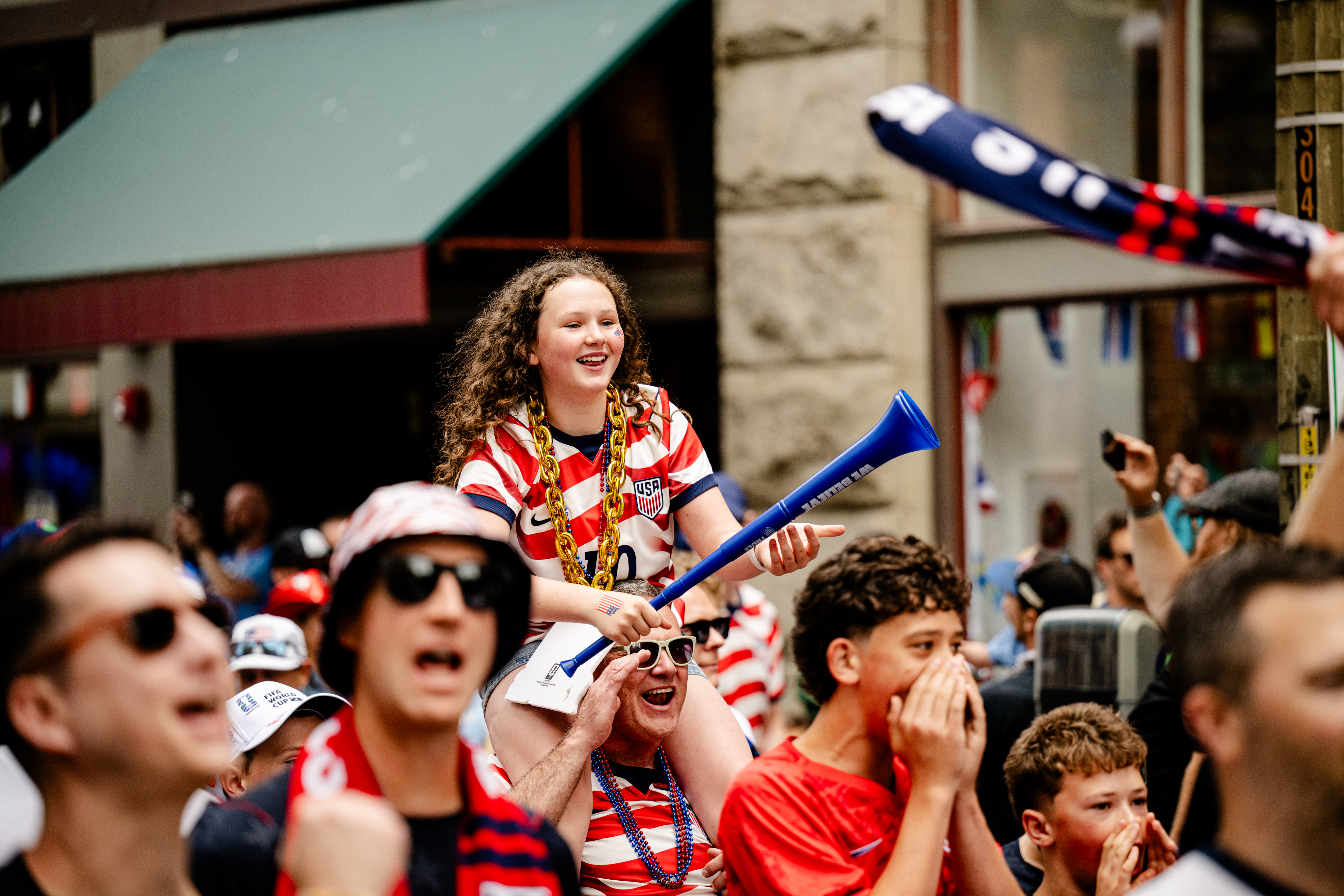 SEATTLE, WASHINGTON - JUNE 19: United States fans march together to the Seattle Stadium before the FIFA World Cup 2026 Group D match between USA and Australia on June 19, 2026 in Seattle, Washington. (Photo by Jane Gershovich/ISI Photos/ISI Photos via Getty Images)