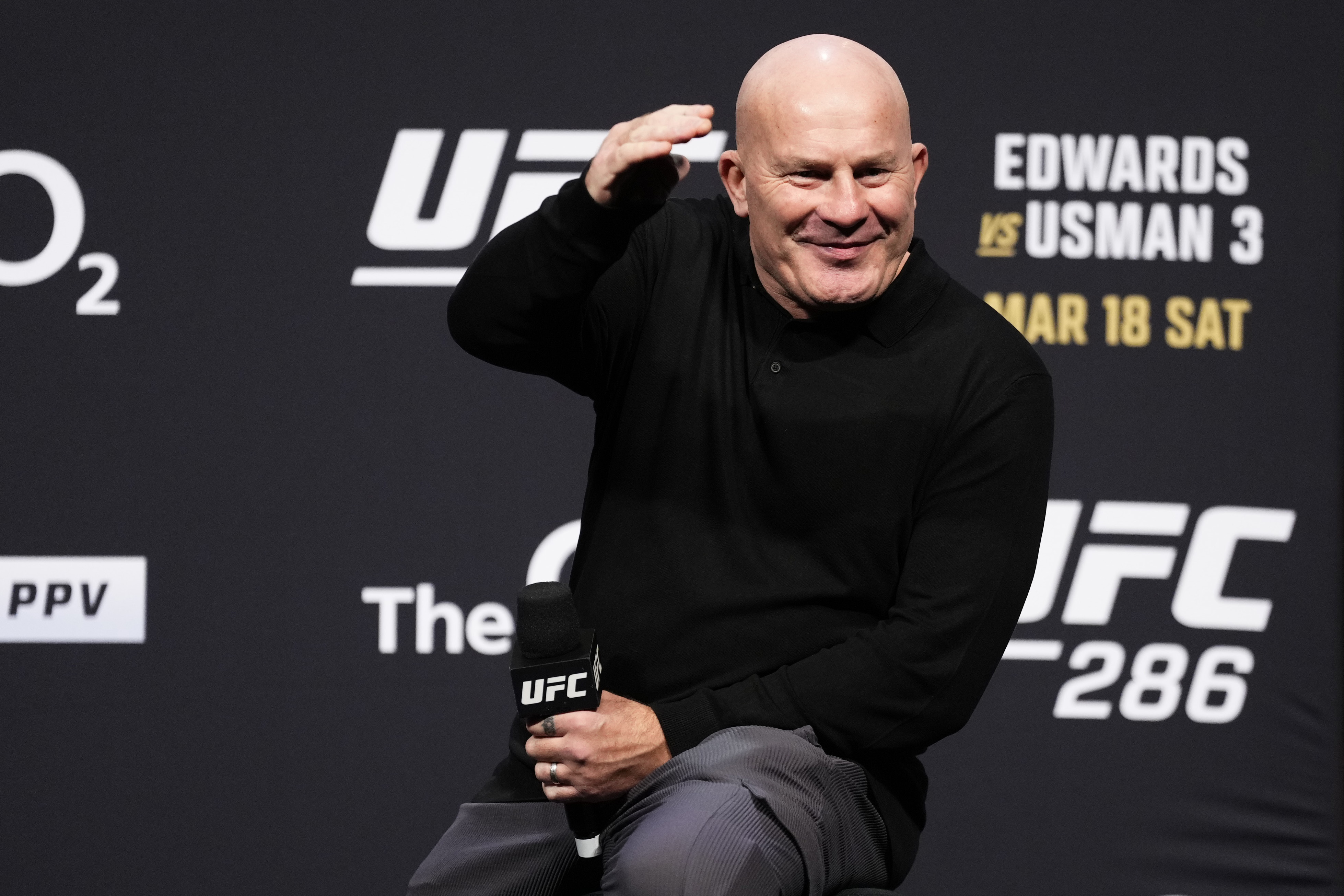 LONDON, ENGLAND - MARCH 17: Ian 'The Machine' Freeman is seen on stage during a Q&A session prior to the UFC 286 ceremonial weigh-in at The O2 Arena on March 17, 2023 in London, England. (Photo by Jeff Bottari/Zuffa LLC via Getty Images)