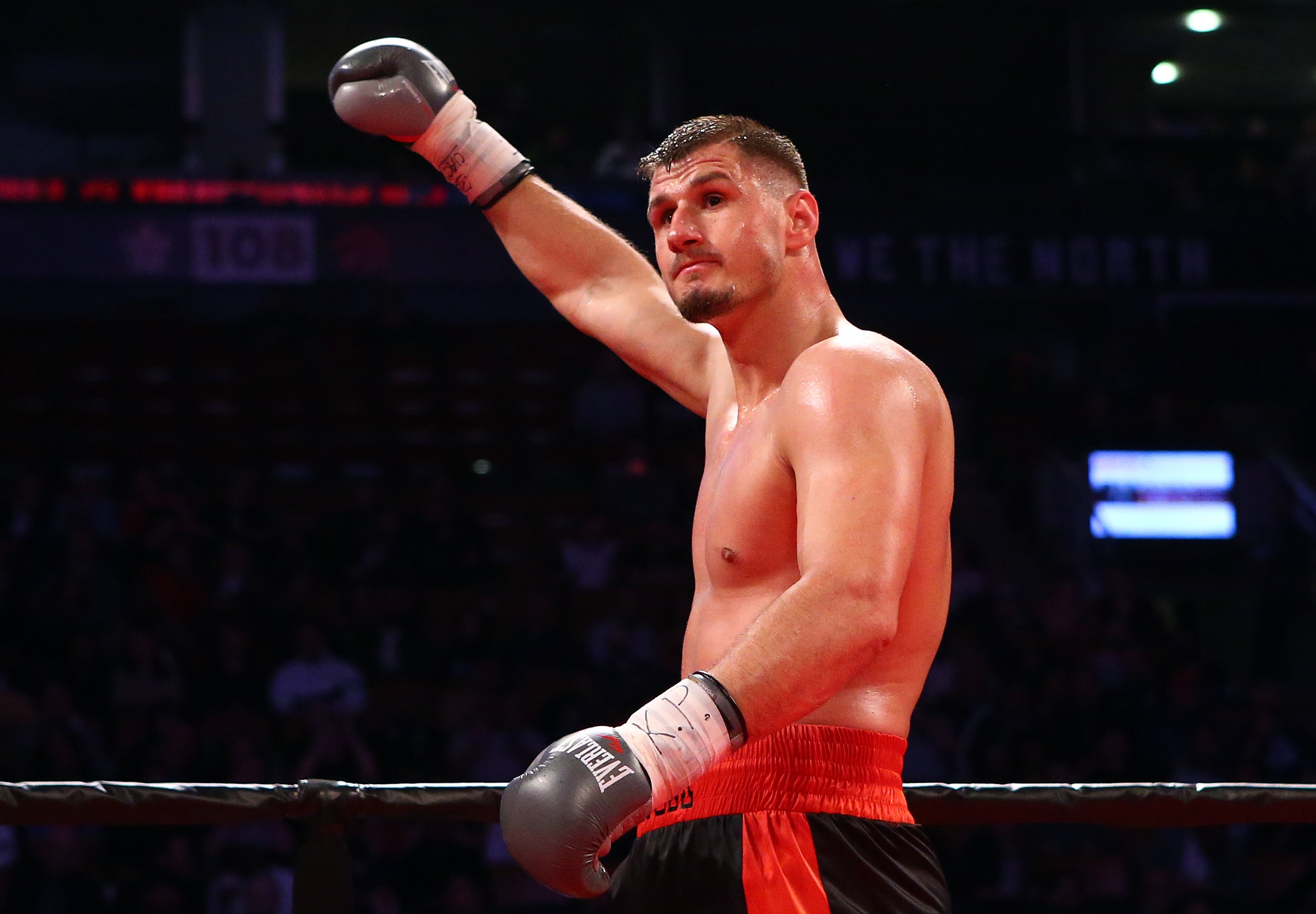 TORONTO, ON - MAY 19:  Kristian Prenga celebrates victory over Ricardo Humberto Ramirez in their Heavyweight fight at Air Canada Centre on May 19, 2018 in Toronto, Canada.  (Photo by Vaughn Ridley/Getty Images)