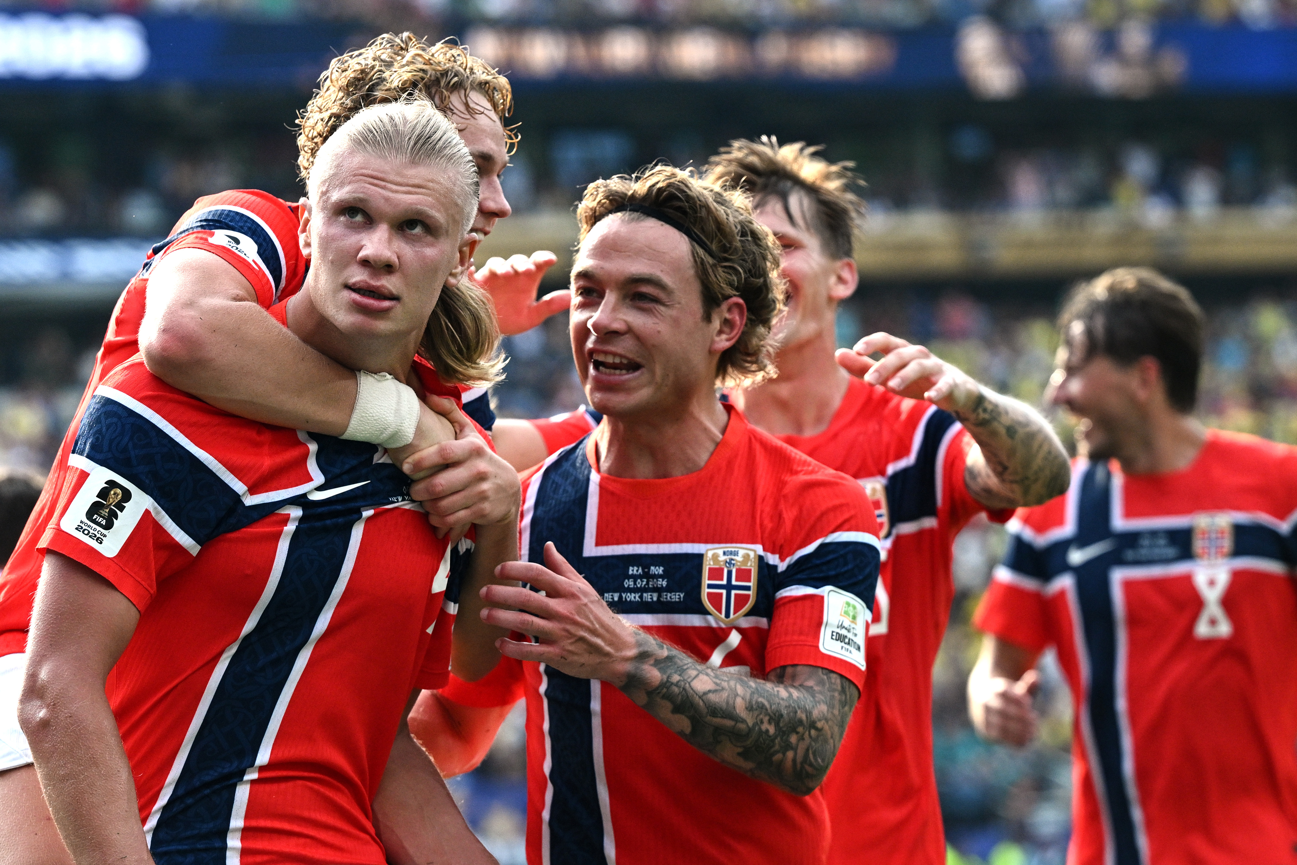 EAST RUTHERFORD, NEW JERSEY - JULY 05: Erling Haaland of Norway celebrates his goal during the FIFA World Cup 2026 Round Of 16 match between Brazil and Norway at New York New Jersey Stadium on July 05, 2026 in East Rutherford, New Jersey. (Photo by Image Photo Agency/Getty Images)