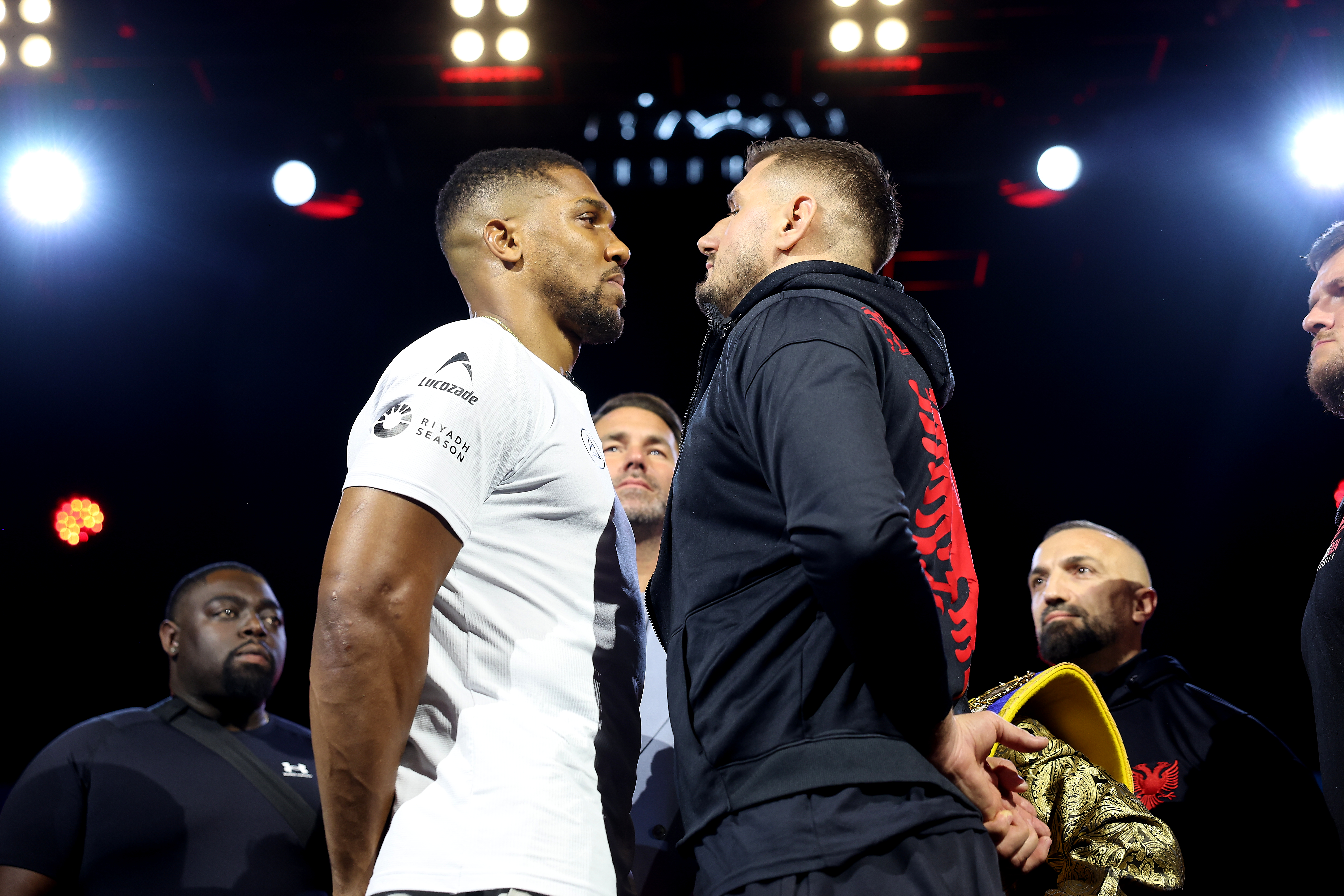 LONDON, ENGLAND - JUNE 1: Anthony Joshua (left) and Kristian Prenga during the Launch Press Conference promoting their Heavyweight Contest next month on June 1, 2026 in London, England. (Photo by Mark Robinson/Matchroom Boxing/Getty Images).