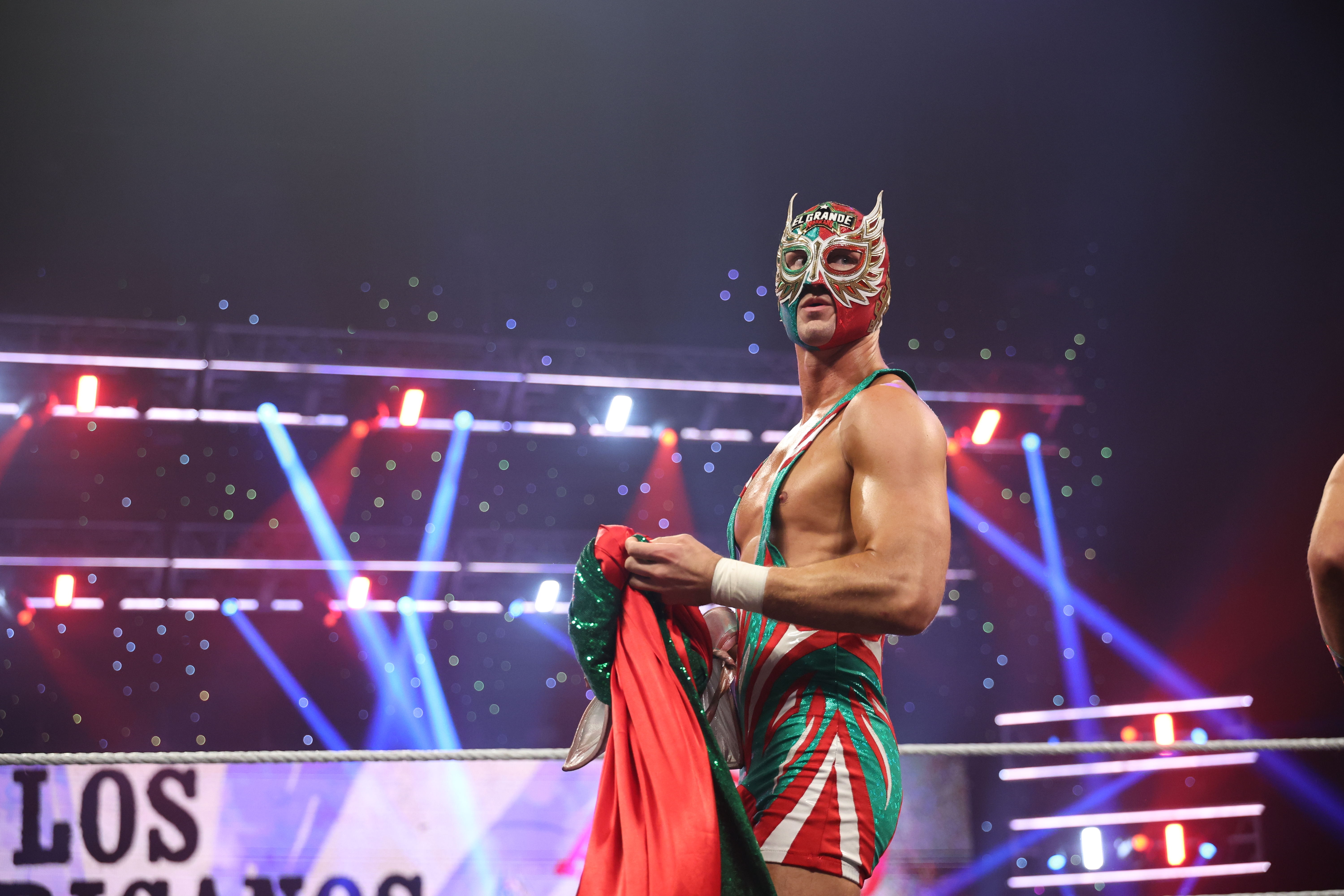 OMAHA, NEBRASKA - MAY 4: El Grande Americano makes his entrance during Monday Night RAW at the CHI Health Center on May 4, 2026 in Omaha, Nebraska. (Photo by Melina Pizano/WWE via Getty Images)