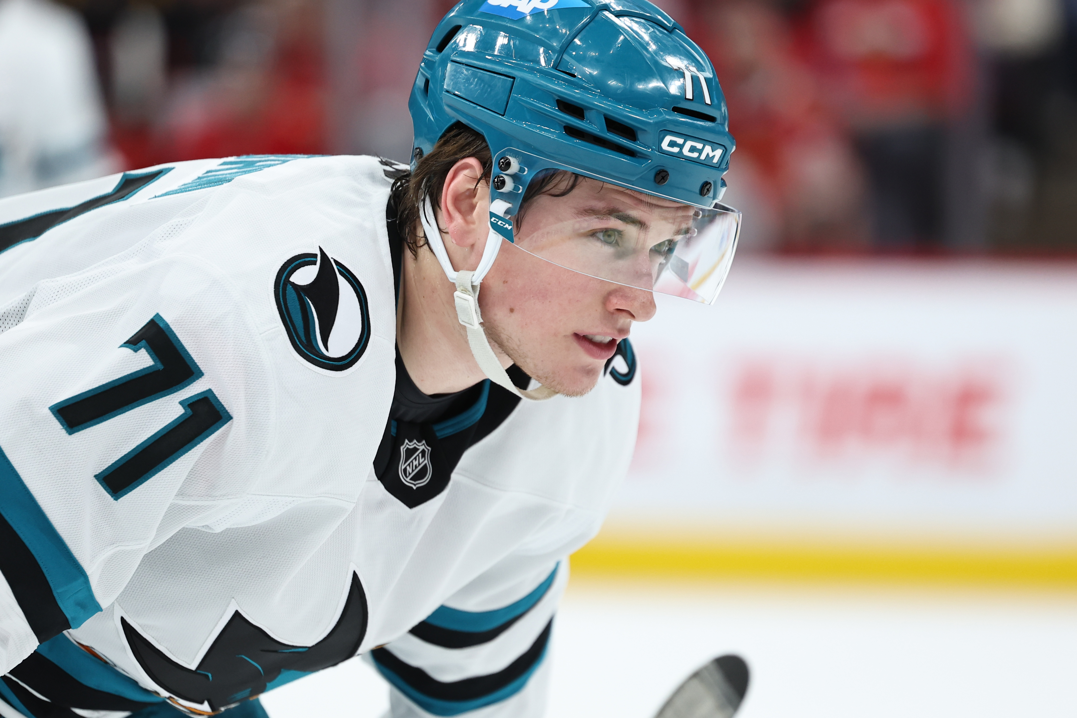 CHICAGO, ILLINOIS - APRIL 15: Macklin Celebrini #71 of the San Jose Sharks looks on against the Chicago Blackhawks. (Photo by Geoff Stellfox/Getty Images)