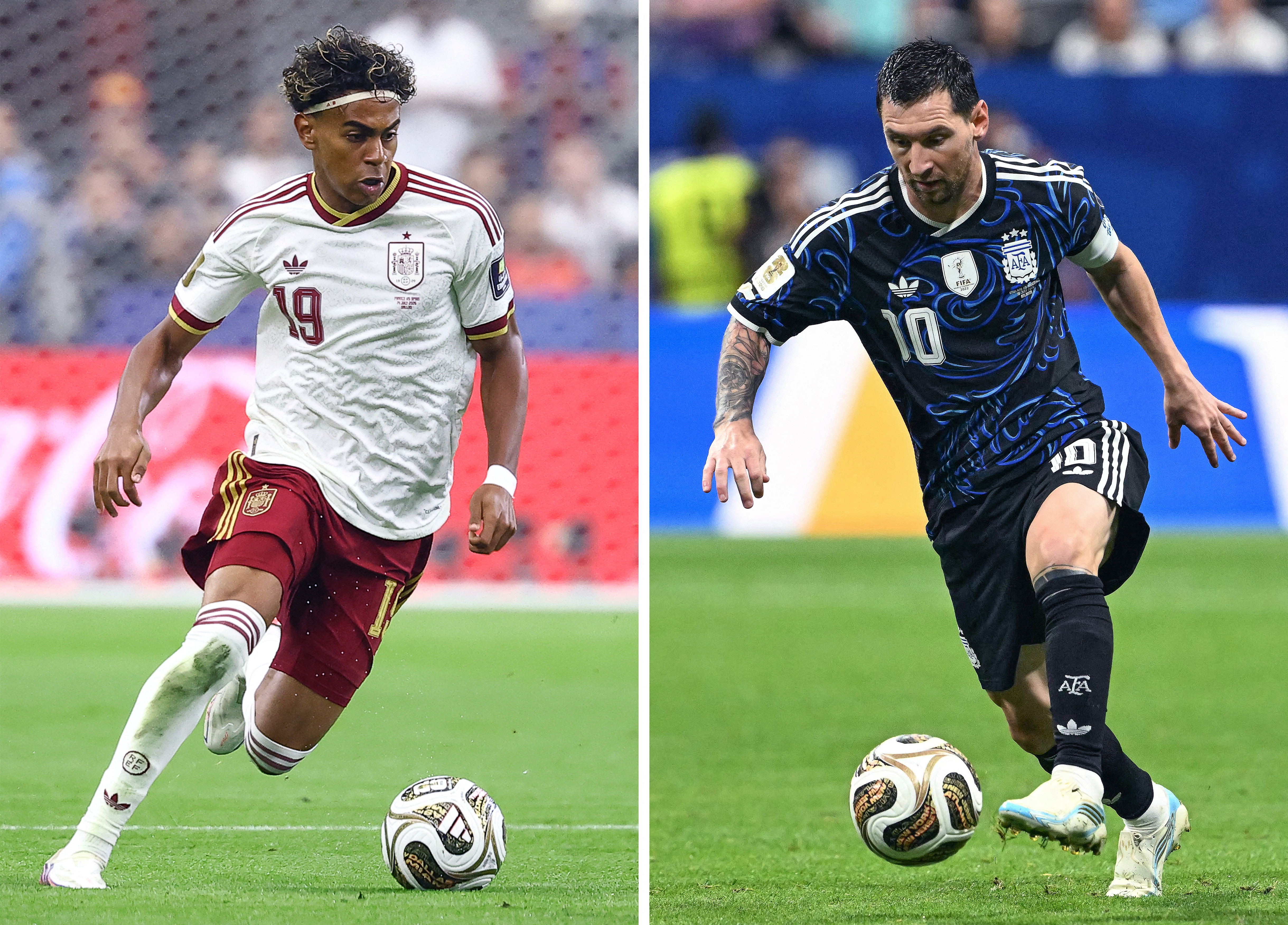 (COMBO) This combination of file photos created on July 16, 2026, shows Spain's forward #19 Lamine Yamal in Arlington on July 14, 2026 (L); and Argentina's forward #10 Lionel Messi in Atlanta on July 15, 2026. Spain and Argentina will meet in the 2026 World Cup football tournament final match at the New York/New Jersey Stadium in East Rutherford on July 19, 2026. (Photo by Charly TRIBALLEAU and Roberto SCHMIDT / AFP via Getty Images)